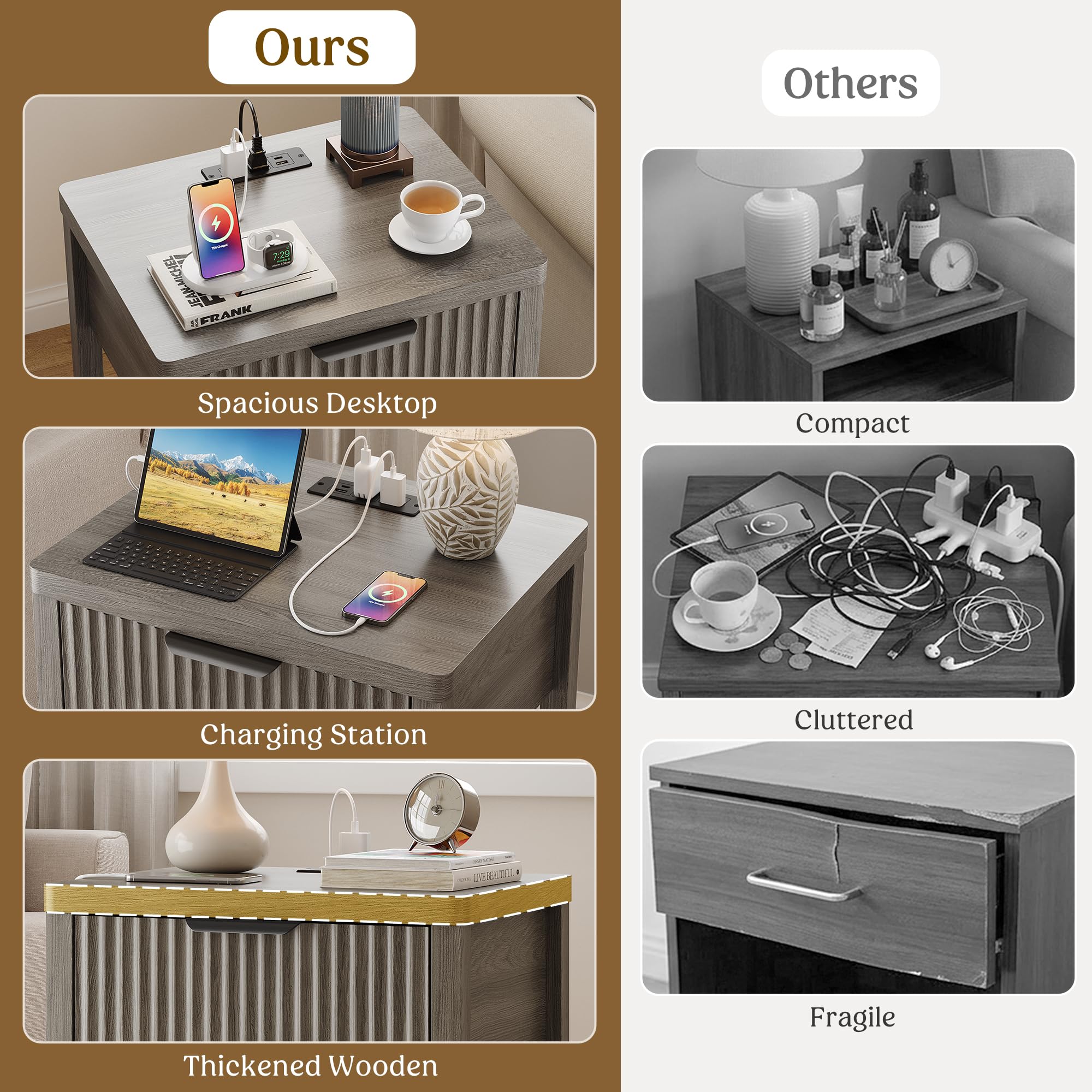 Lulive 2-Pack Fluted Nightstands with Charging Station - Dettaglio