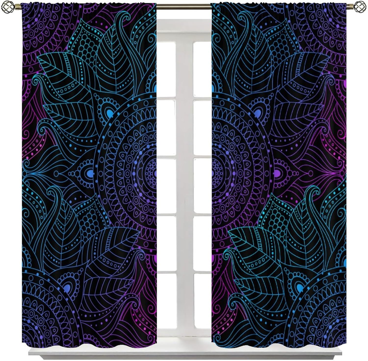 Mandala Curtain Colorful Flower Round Pattern Black Background Blackout Print Rod Pocket Window Drapes for Bedroom Living Room 55x63in