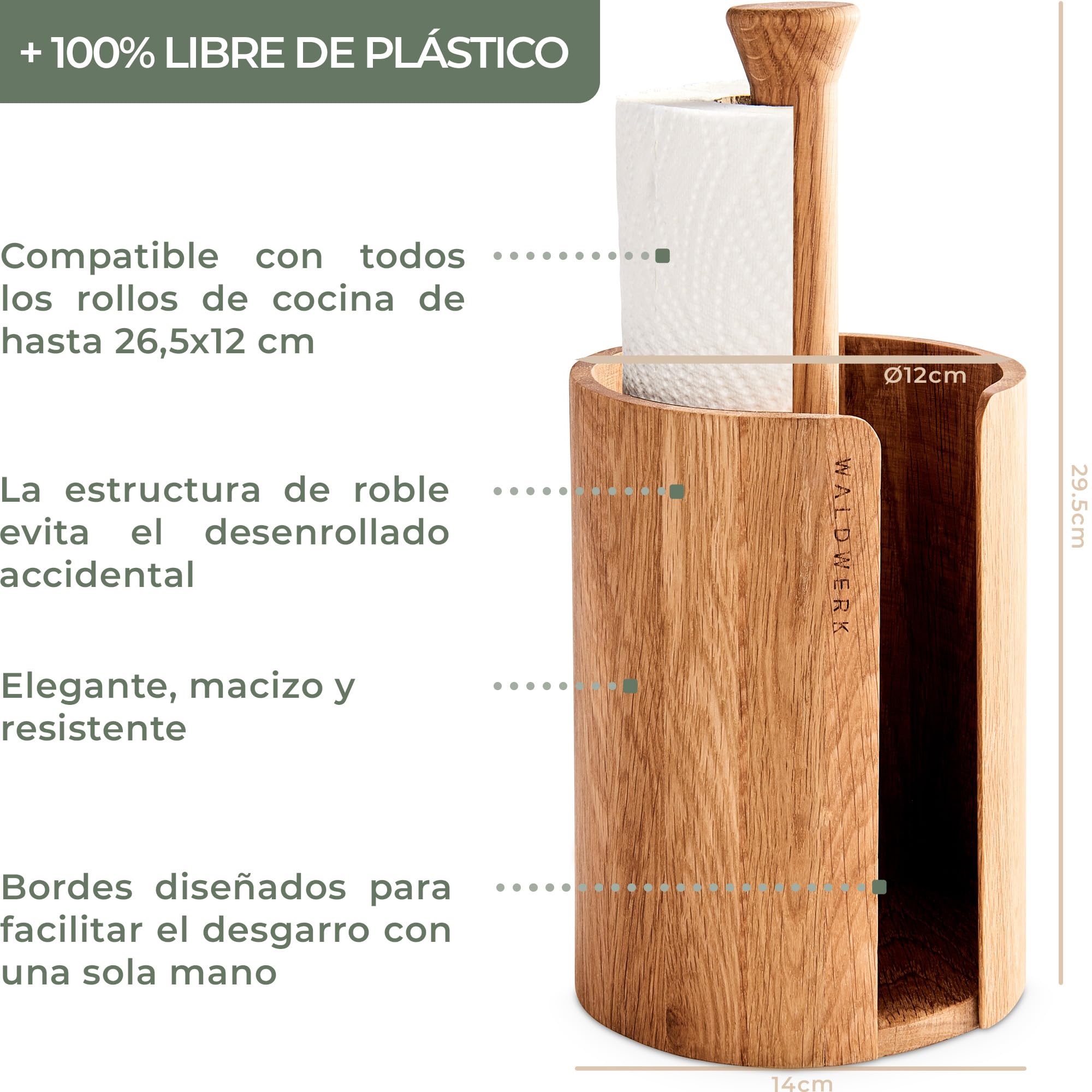 WALDWERK Portarrollos Papel Cocina Diseño – Porta Rollos de Papel Cocina de auténtica Madera de Roble para Todos los Rollos de Cocina estándar – Soporte Papel Cocina sin plástico