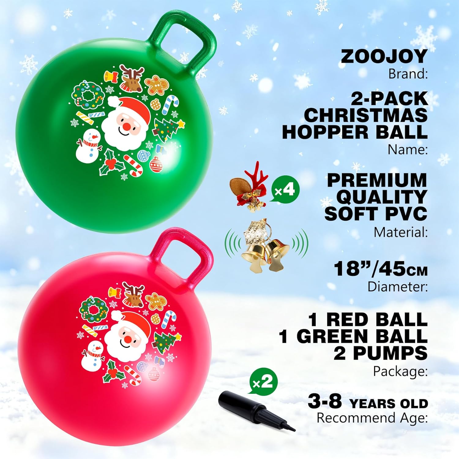 ZOOJOY Hopper Ball 2-Pack Set for Girls&Boys 3-8 with Free Hair Clips, Festive Red & Green 18in Bouncy Ball with Handle for Kids, Christmas Toys Indoor and Outdoor Play Includes Pumps