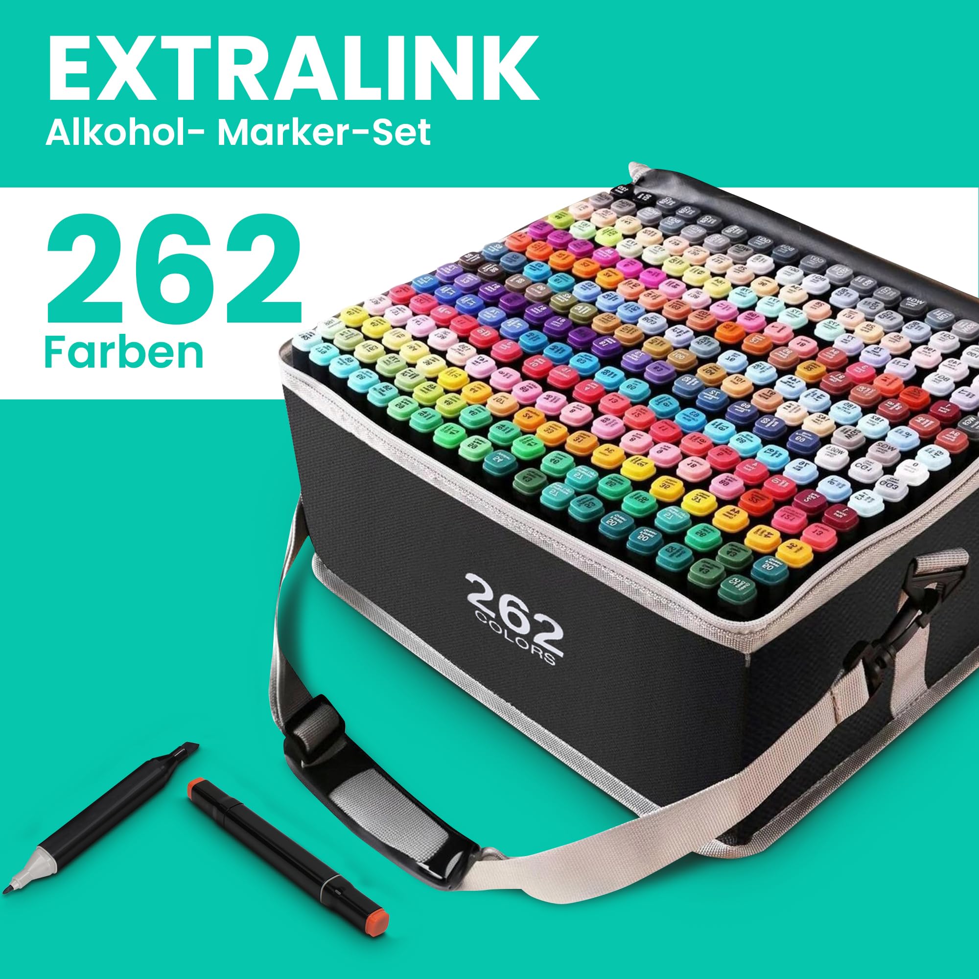 EXTRALINK Alkoholmarker Filzstifte 262 Stück, 2 Sekunde Schnell Trocknende Stifte Set, Marker Stifte mit Doppelseitige Spitze, Lebendige Tintenfarbe, Stifte mit Tragetasche, Zeichnung, Manga
