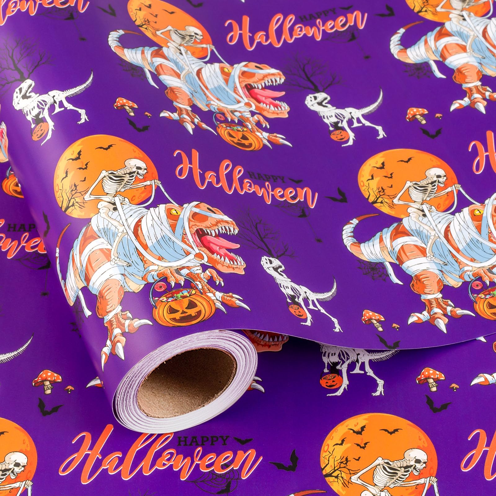 Burymento Halloween Wrapping Paper, Purple T-Rex Skeleton Rider Gift Wrap with Gridlines, Funny Dinosaur Mummy & Pumpkin for Kids Boys Birthday, Scary Night Party Favors (Mini Roll, 17 In x 16.5 Ft)