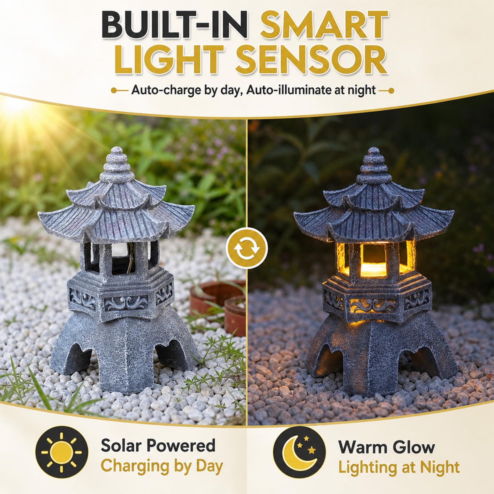 Decorazione da giardino giapponese, lanterna solare in pietra, pagoda, altezza 26 cm, statua zen da giardino per esterni, lampada in resina resistente alle intemperie, decorazione per laghetto, statue
