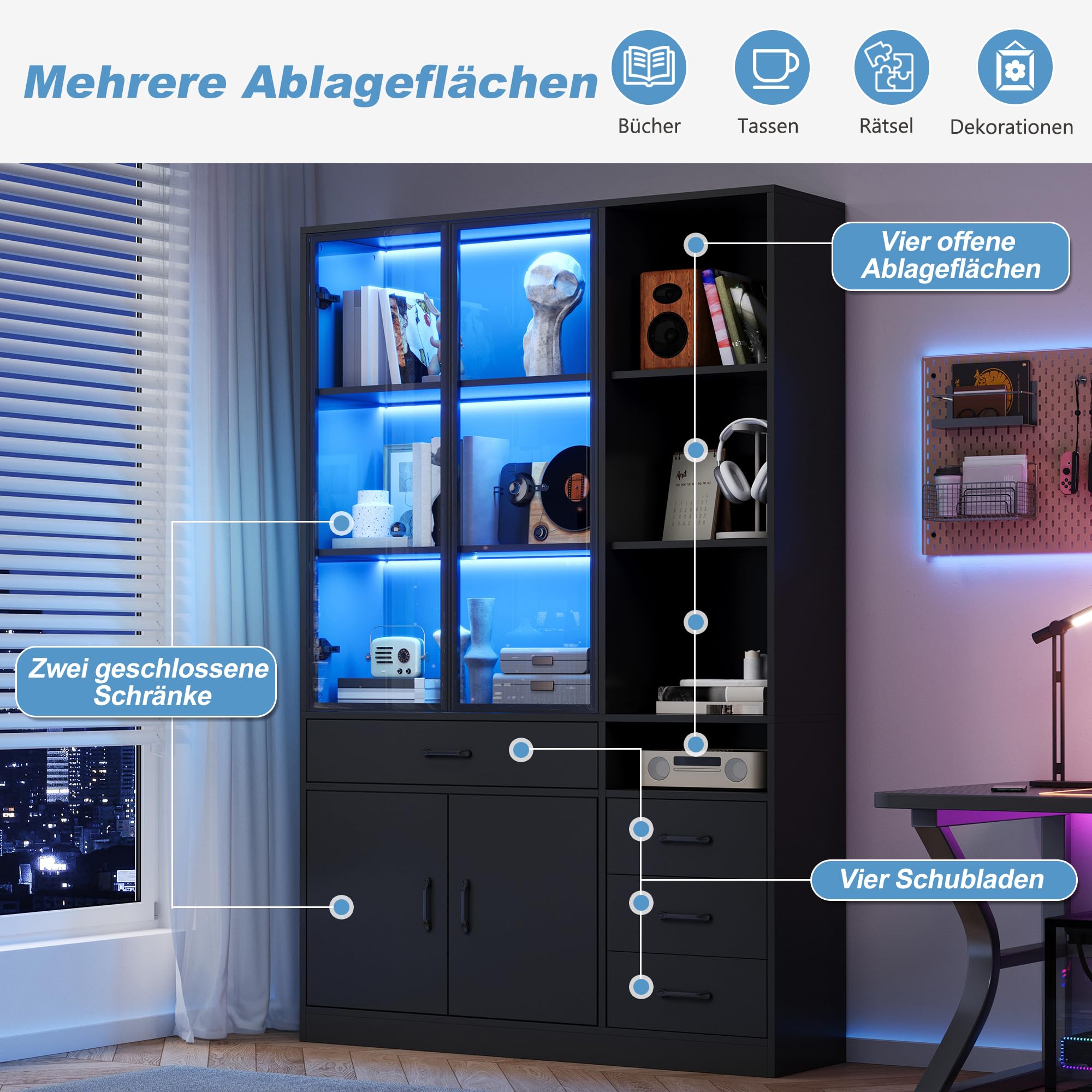 Kebnor Hochschrank mit Glasvitrine&LED,Bücherschrank mit13 Stauraumbereichen,4 Schubladen&Türen Vitrinen, Aufbewahrungsschränke,Schränke,Geeignet für Esszimmer und Wohnzimmer(120x35x200cm（Schwarz）)