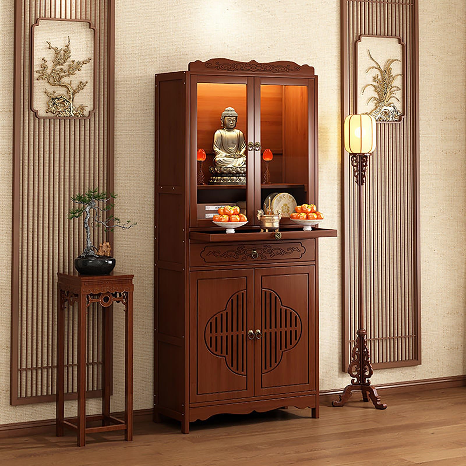 Itetone Walnut With Door Buddhist Altar Table With Storage Drawers, Chinese Buddhist Prayer Altar Cabinet, Temple For Home, Pooja Mandir (, 26.7 * 13 * 67In)