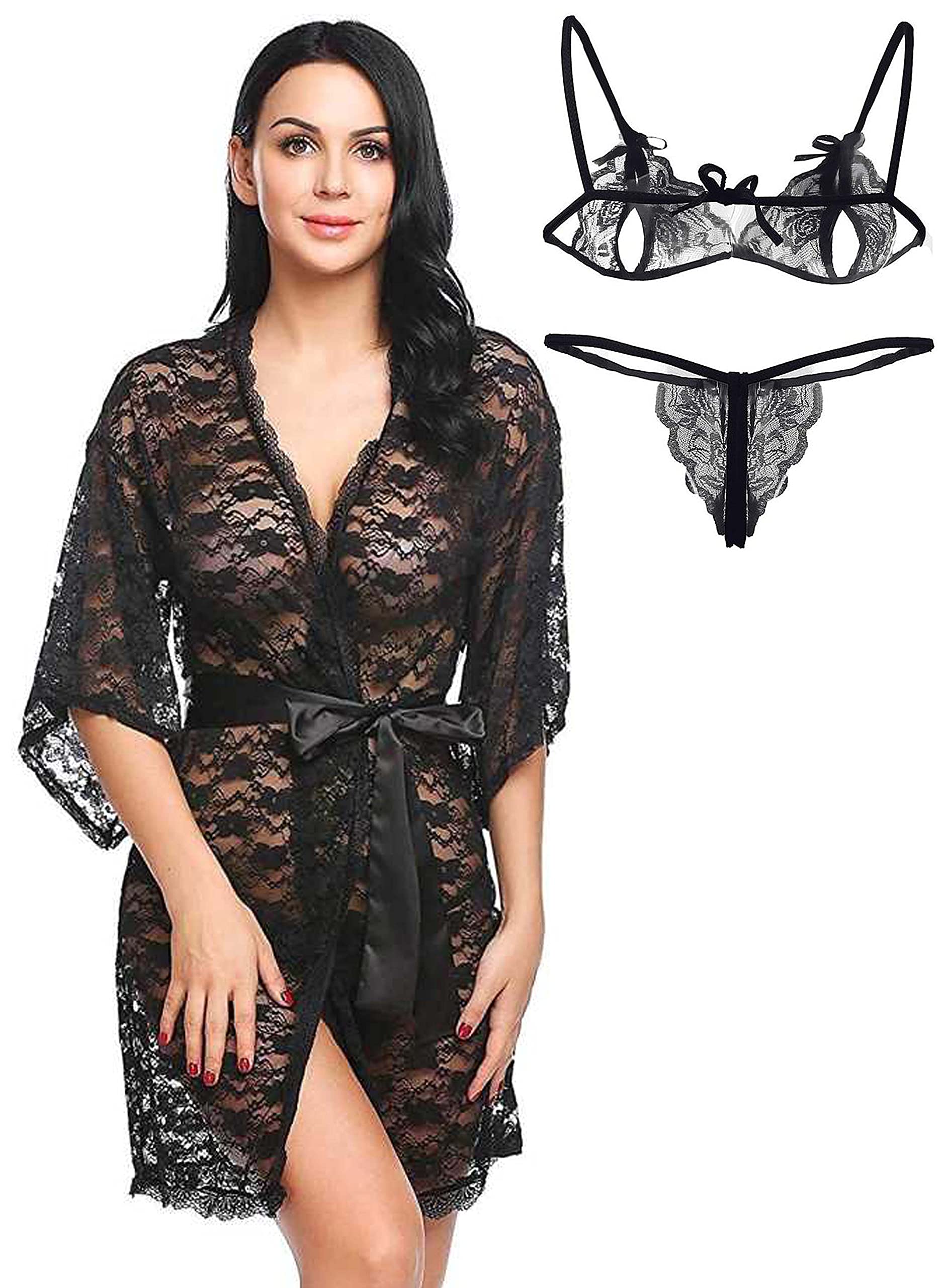 love maker Women Net Babydoll Nightwear Robe Nightgown with Bikini Set S-3XL-picture-10