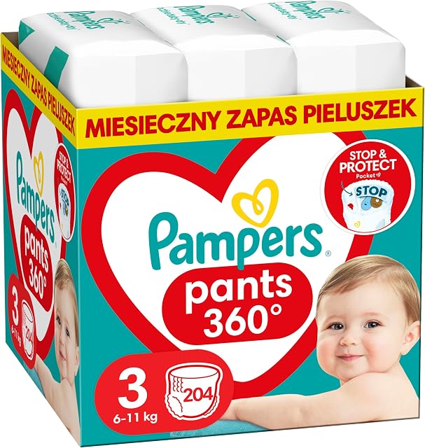 Pampers Pants Pieluchomajtki Rozmiar 3 (6-11kg), 204 Sztuk, Pieluchy z Kieszonką Stop & Protect Zapobiegającą Przeciekaniu z Tyłu