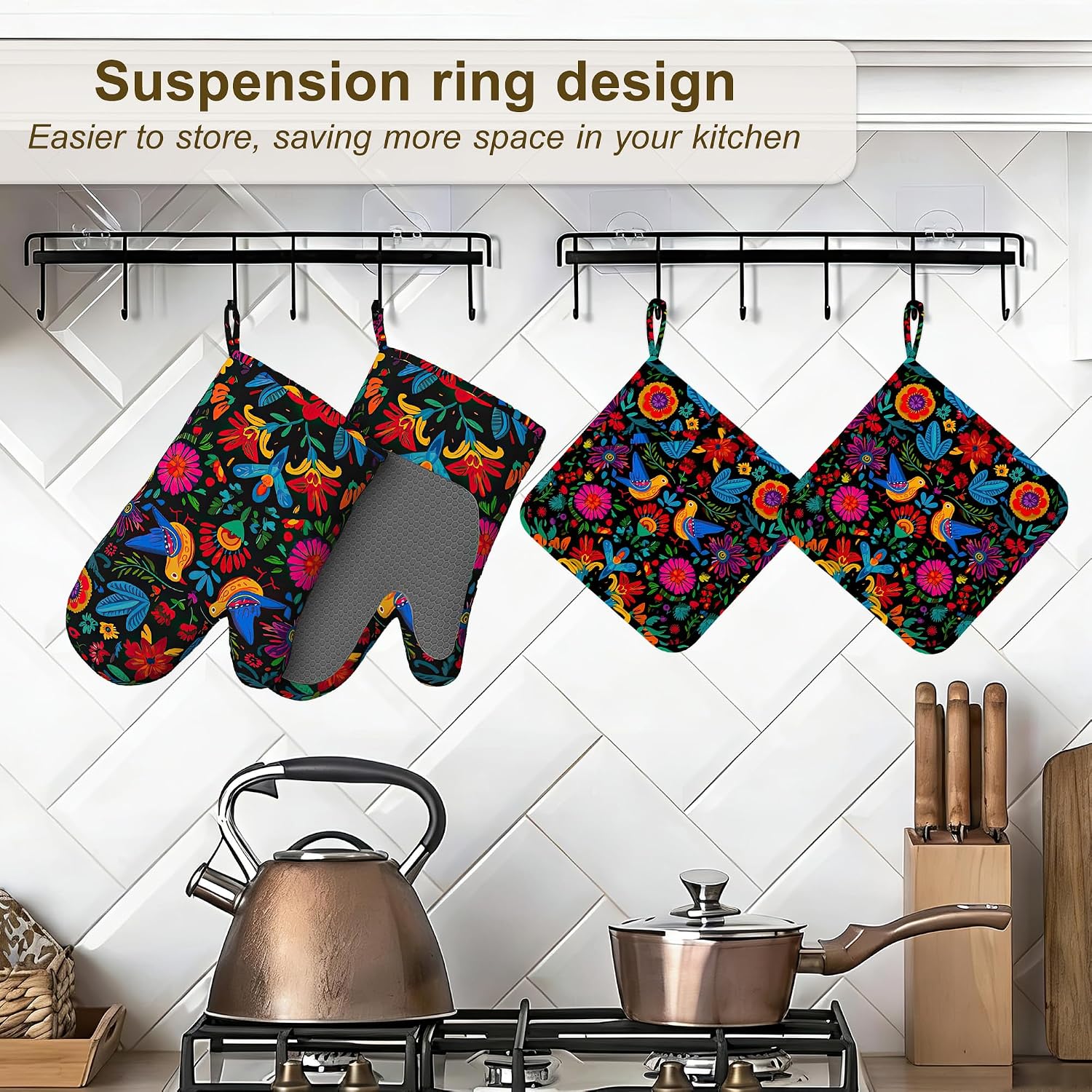 Mexican Floral Oven Mitts and Pot Holders Set of 4,Kitchen Glove Heat Resistant Oven Mitts with Non-Slip Silicone for Baking, Cooking, BBQ