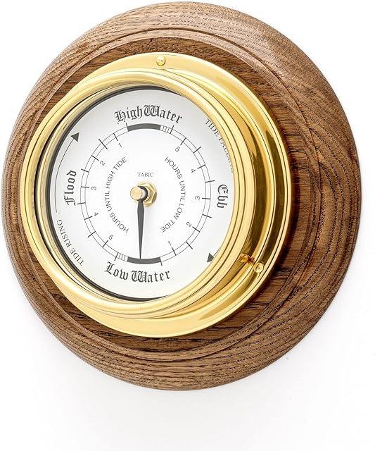 Classic Tide clock on English oak mount, Heavy Lacquered Brass (1/2kg), Nautical Tidal Fishing Coastal Clock, Gift, English Oak, Handmade in England