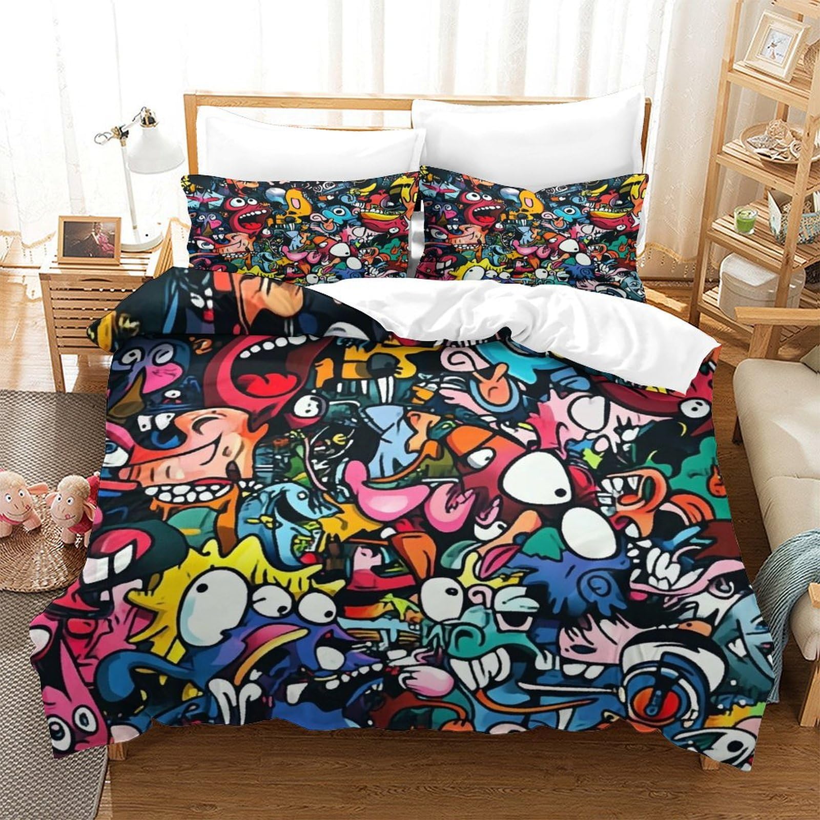 LILIlaobiao Graffiti Washable Duvet Cover Set Hidden Zipper Doodles Quilt Cover Set with Pillowcases Bedding Set Soft Microfiber Bed Linen Set for Kids & Adults Double（200x200cm）