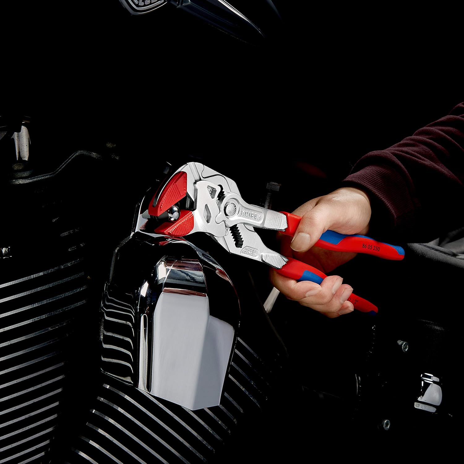 Knipex Pliers Wrench on a chrome motorcycle part