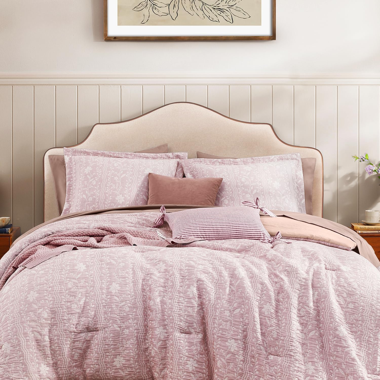 King Size Comforter Set - 7 Pieces Floral Pink Bedding for All Seasons, Farmhouse Shabby Chic Embroidery Bed Set, Soft Jacquard King Comforter Set with Sheets, Pillowcases & Shams