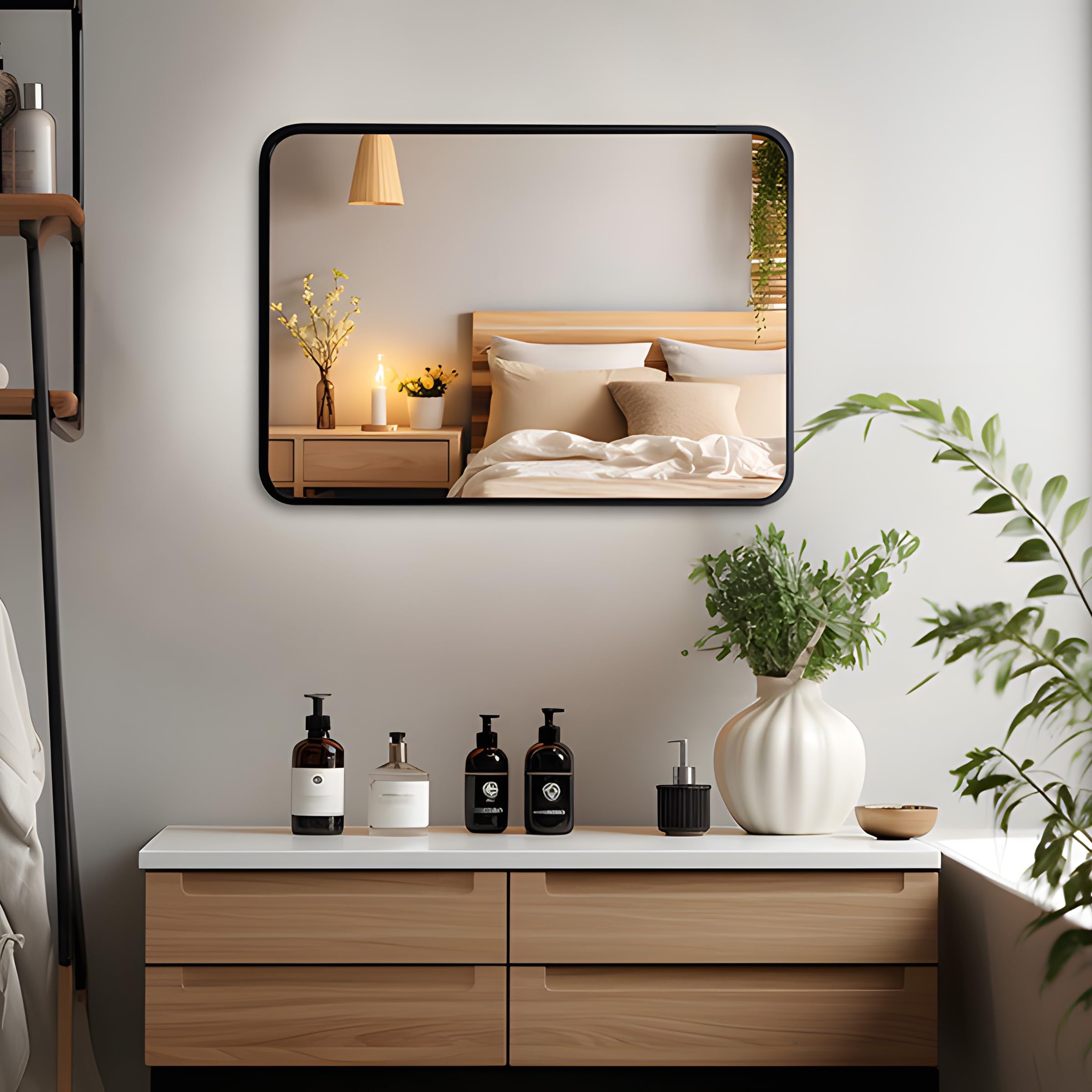 MIQU Miroir de Salle de Bain 70 x 50 cm, Grand Miroir Mural sans éclairage rectangulaire avec Cadre en métal Noir, Miroir décoratif pour Salle de Bain, Salon, WC, Couloir K