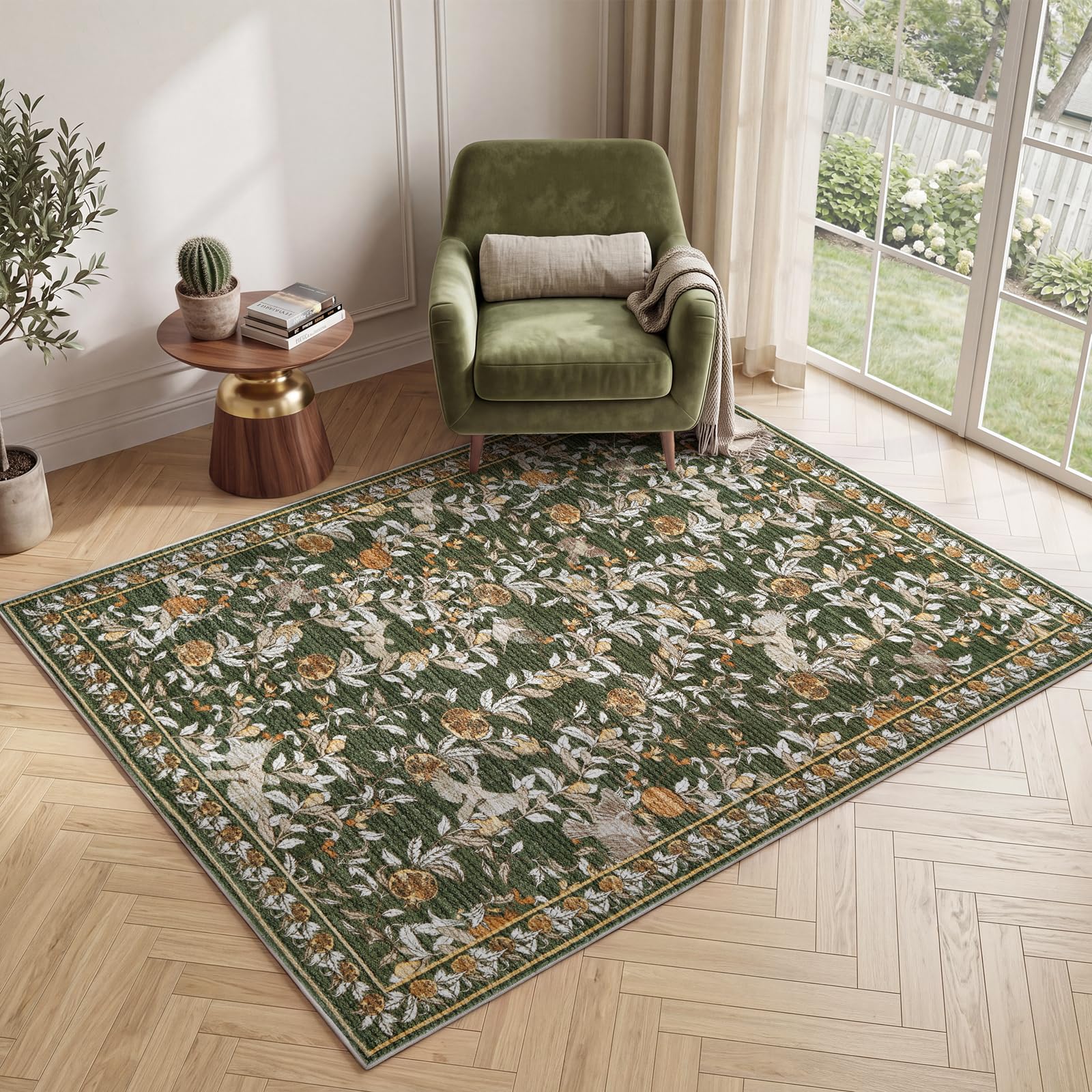 TOPICK Vintage Botanical Pomegranate & Bird Washable Area Rug 120x170cm, Stain Resistant Cashmere Texture Non-Slip Rugs for Living Room Bedroom Dining Room, Lightweight & Non-Shedding, Green
