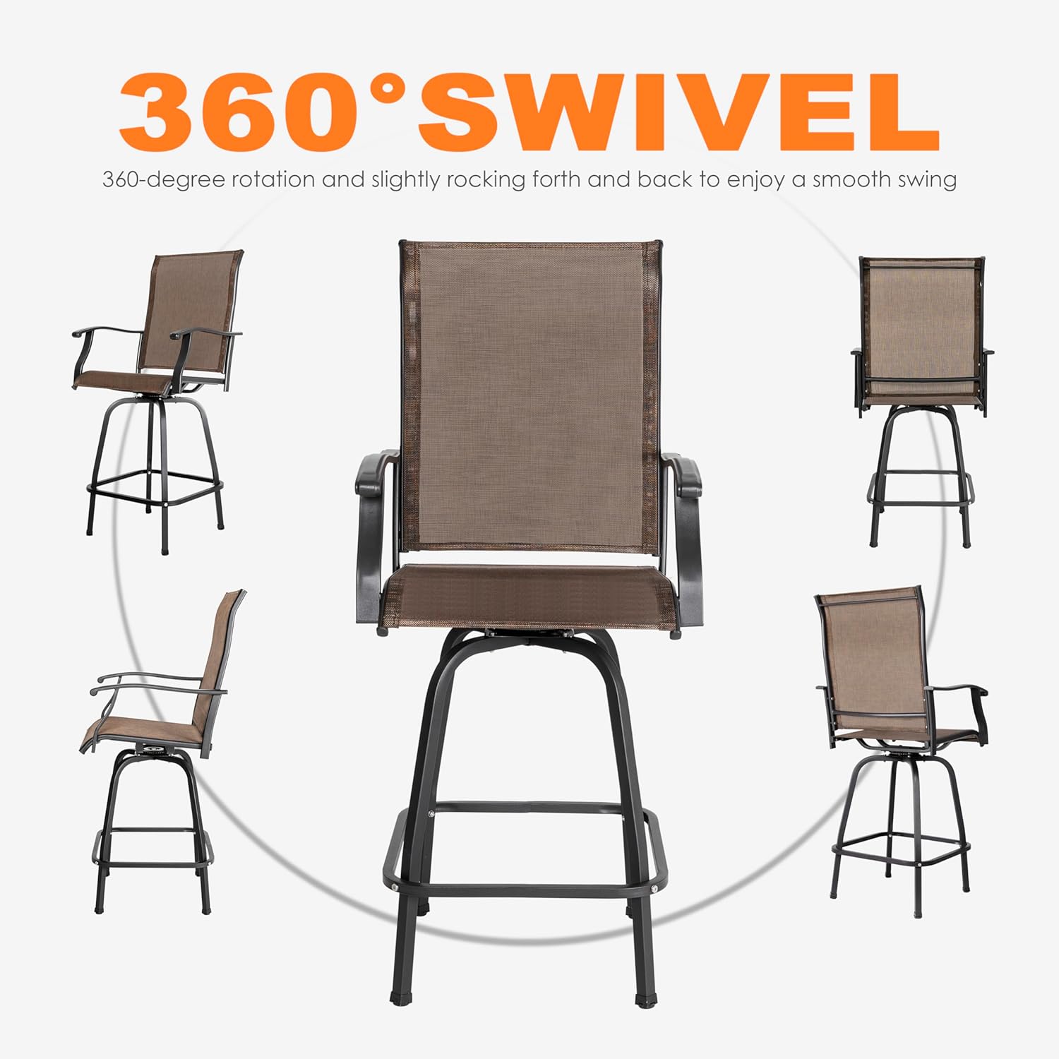 NUU GARDEN Outdoor Patio Swivel Bar Stools with Backrest, Set of 2 Swivel Bar Stools, 360 Degree Swivel Patio Bar Height Outdoor Chairs, Black&Brown