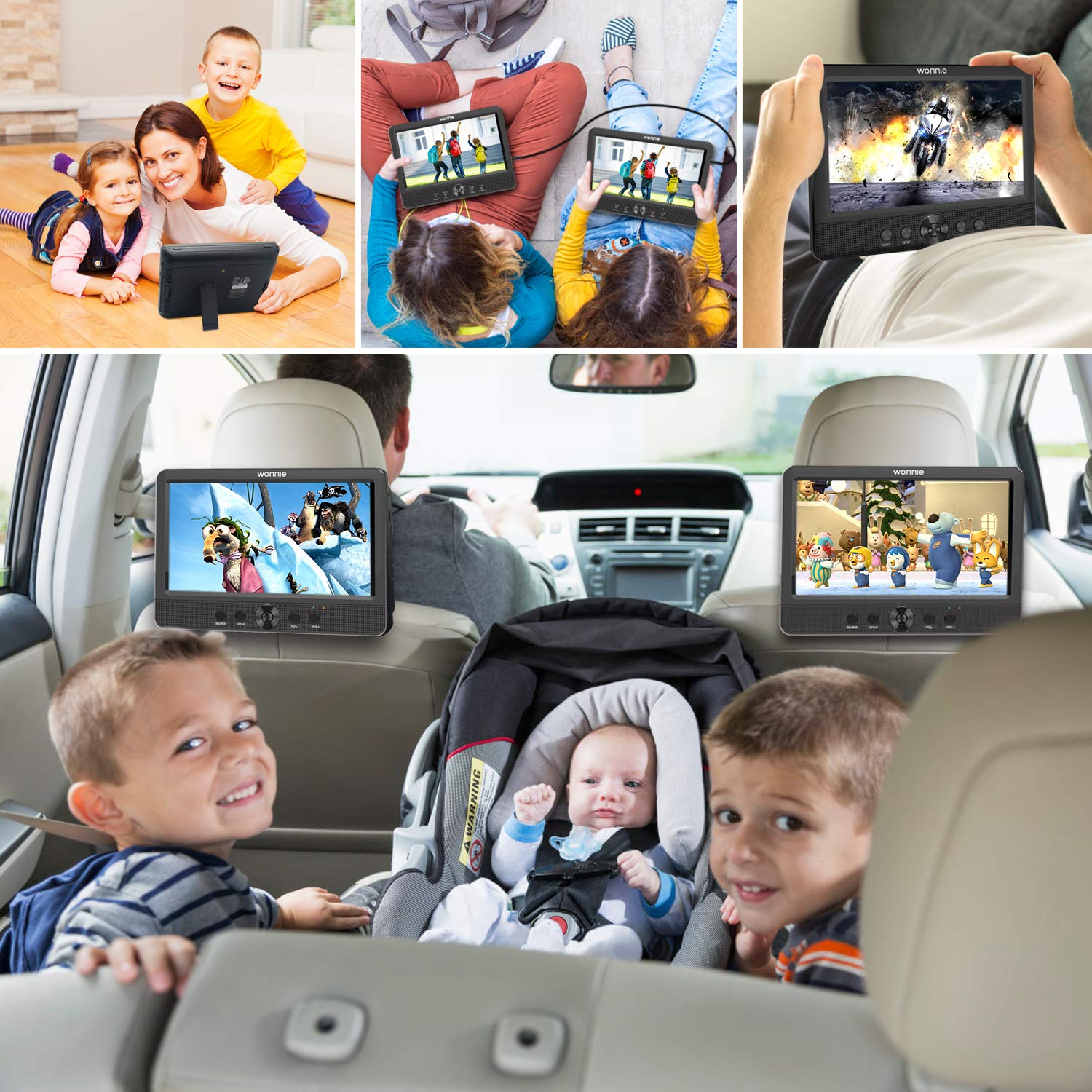 WONNIE Dual 10,5" Auto Tragbarer DVD Player 2 Monitore mit 5 Stunden Rechargble TFT Display Kopfstütze Doppelbildschirm, Unterstützung USB/SD/AV IN/Out