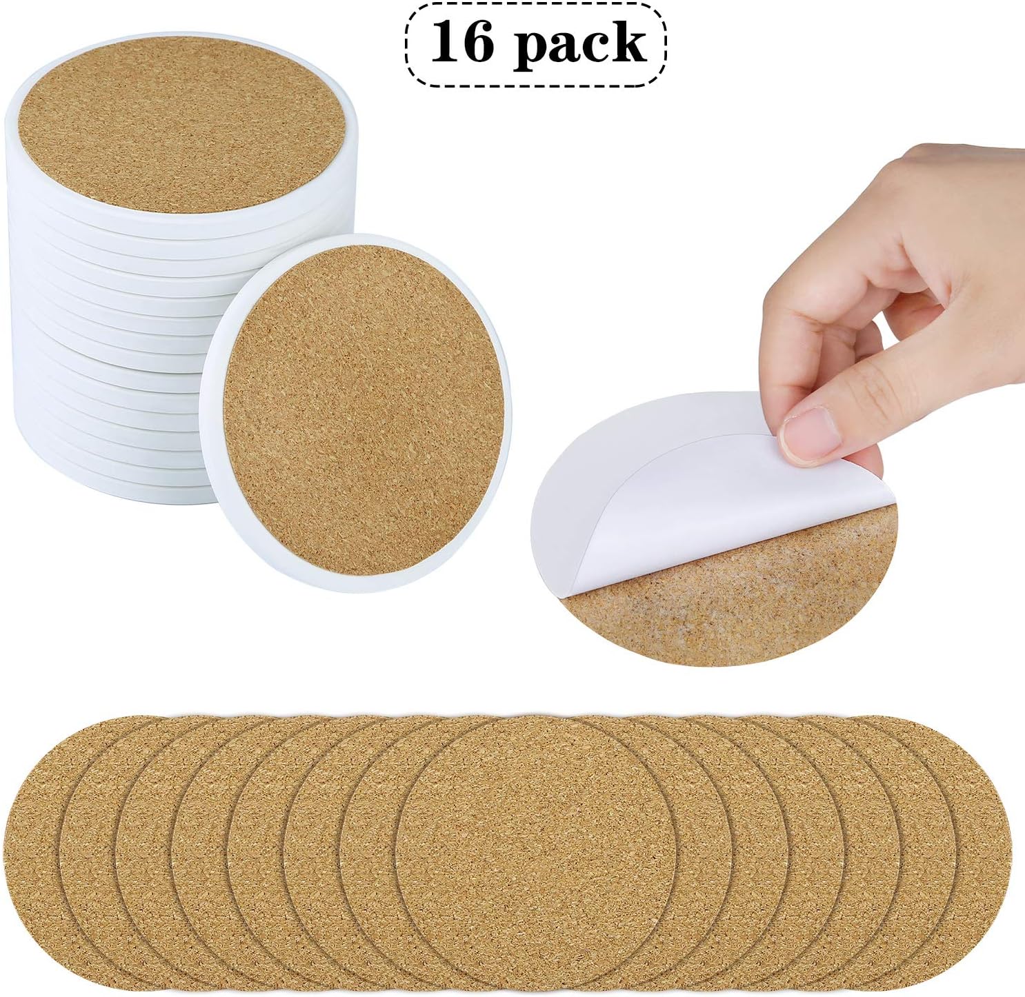 Ruisita 16 Pack Crafts Ceramic Tiles with Cork Backing Pads 4 Inch Round White Ceramic Coasters DIY Your Own Coasters for Crafts Project