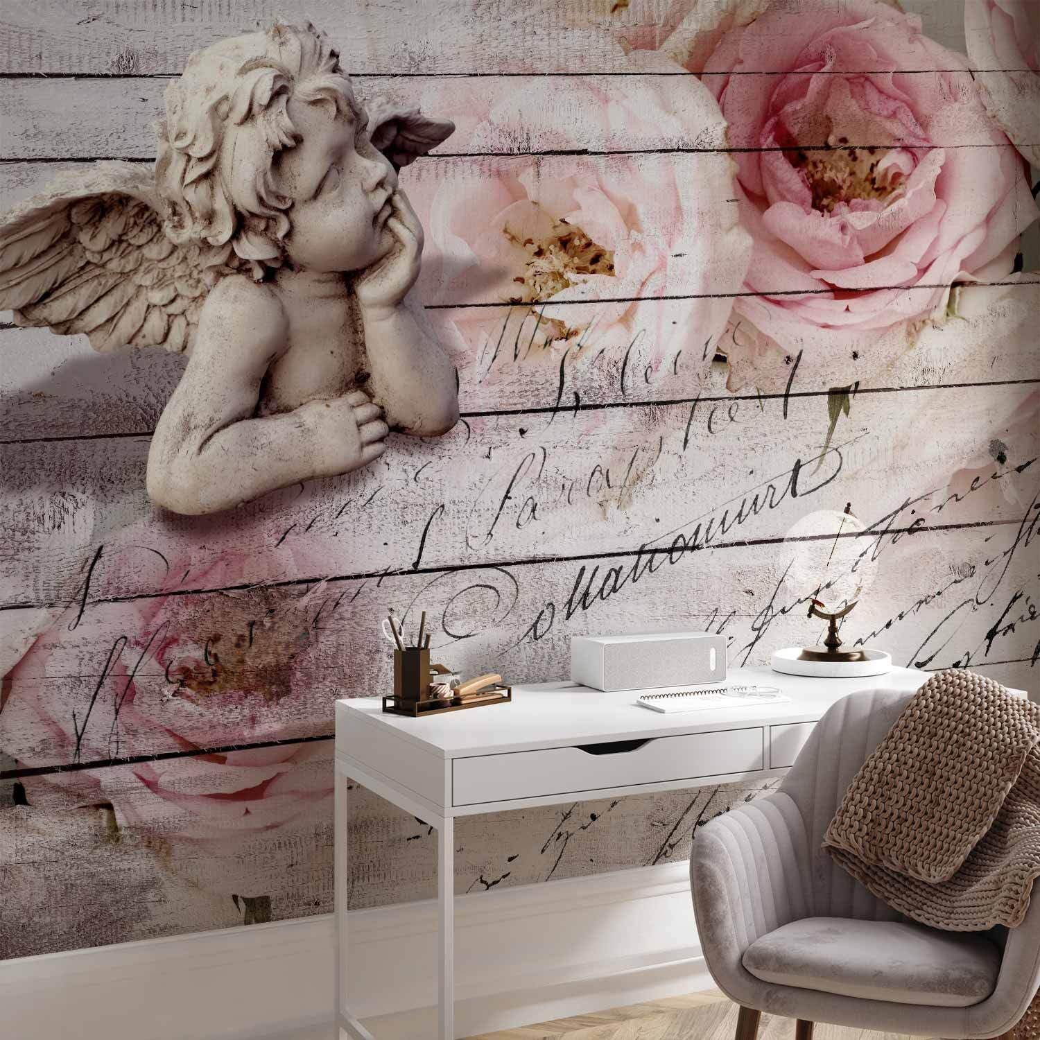 decomonkey Fototapete Blumen Holz, 400x280 cm, XL, Vintage Rose Angel | Vlies, Schlafzimmer, Wohnzimmer, Tapete, Fototapeten, Tapeten, Vliestapete, Wandtapete, moderne, Wandbild, Wand