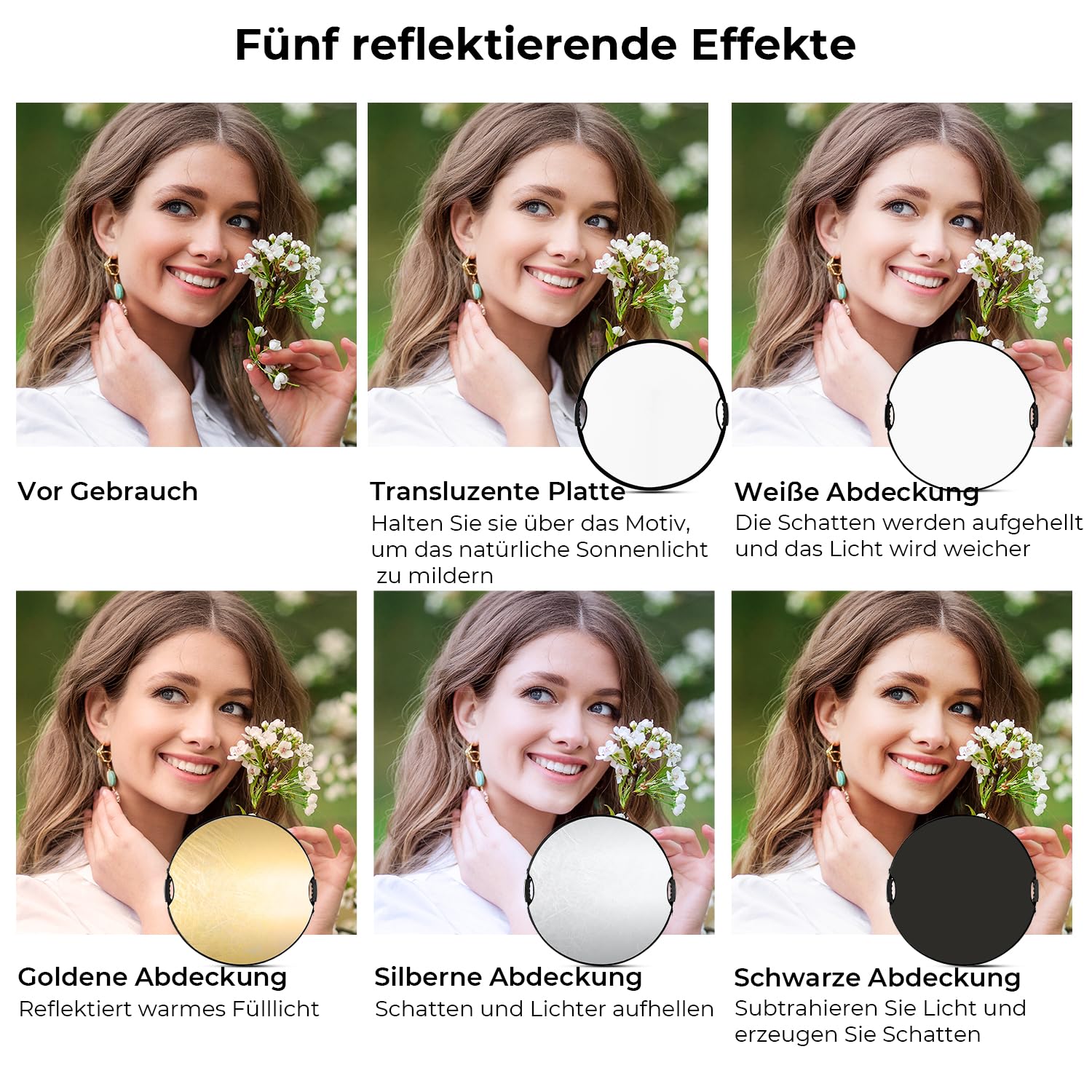 K&F CONCEPT 5in1 Faltbar Reflektor Fotografie mit Tasche&Handgriff 110CM | Durchscheinend, Silber, Gold, Weiß &Schwarz Runde Reflektoren für Fotografie,Außenbeleuchtung,Stillleben & Porträts aufnehmen