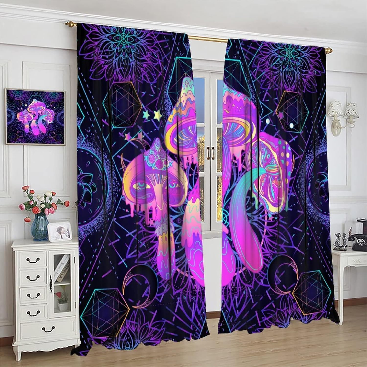 Mushroom Curtains Fantasy Pink Purple Mushrooms Pattern Blackout Print Rod Pocket Window Drapes for Bedroom Living Room 42x45in