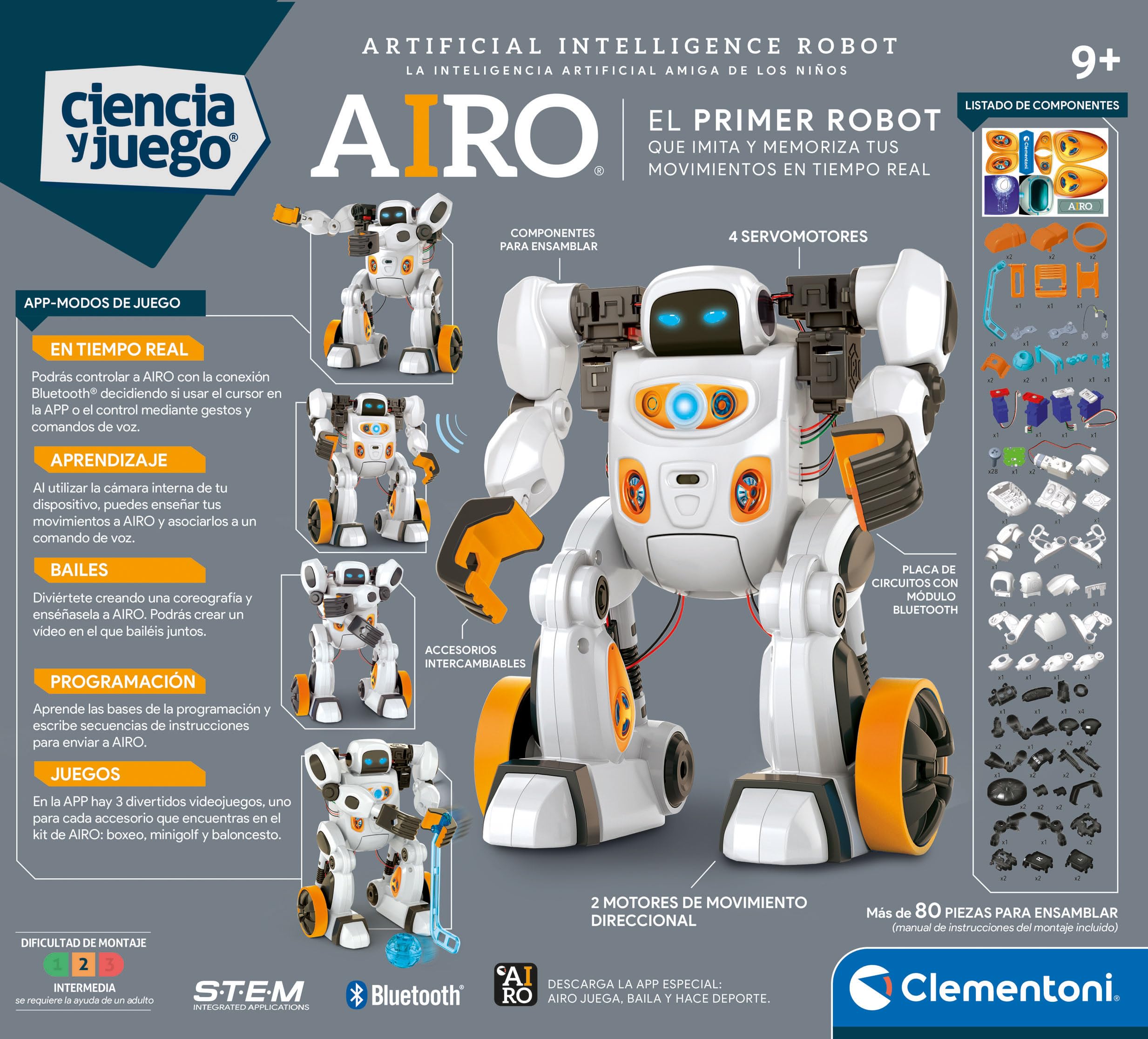 Clementoni - Robot AIRO con Inteligencia Artificial - Juguete Educativo y Personalizable para Niños - Interactivo con Reconocimiento de Gestos y Voz - A Partir de 8 Años - 55513