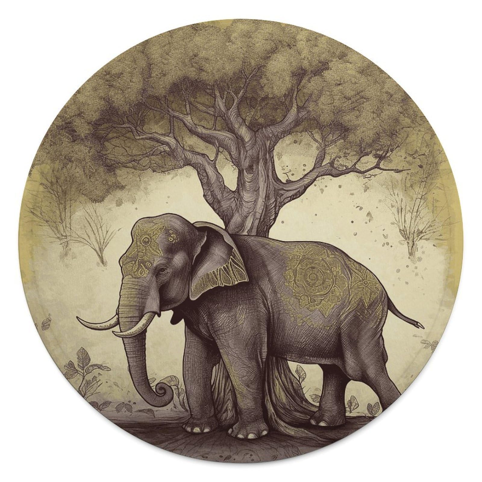 Asian Elephant with Tree Blanket Novelty Round Tapestry Super Soft Flannel Mom Blanket Cozy Beach Throw Tapestry Lightweight Thick Throw Blankets for All Seasons Diameter 59.1 in