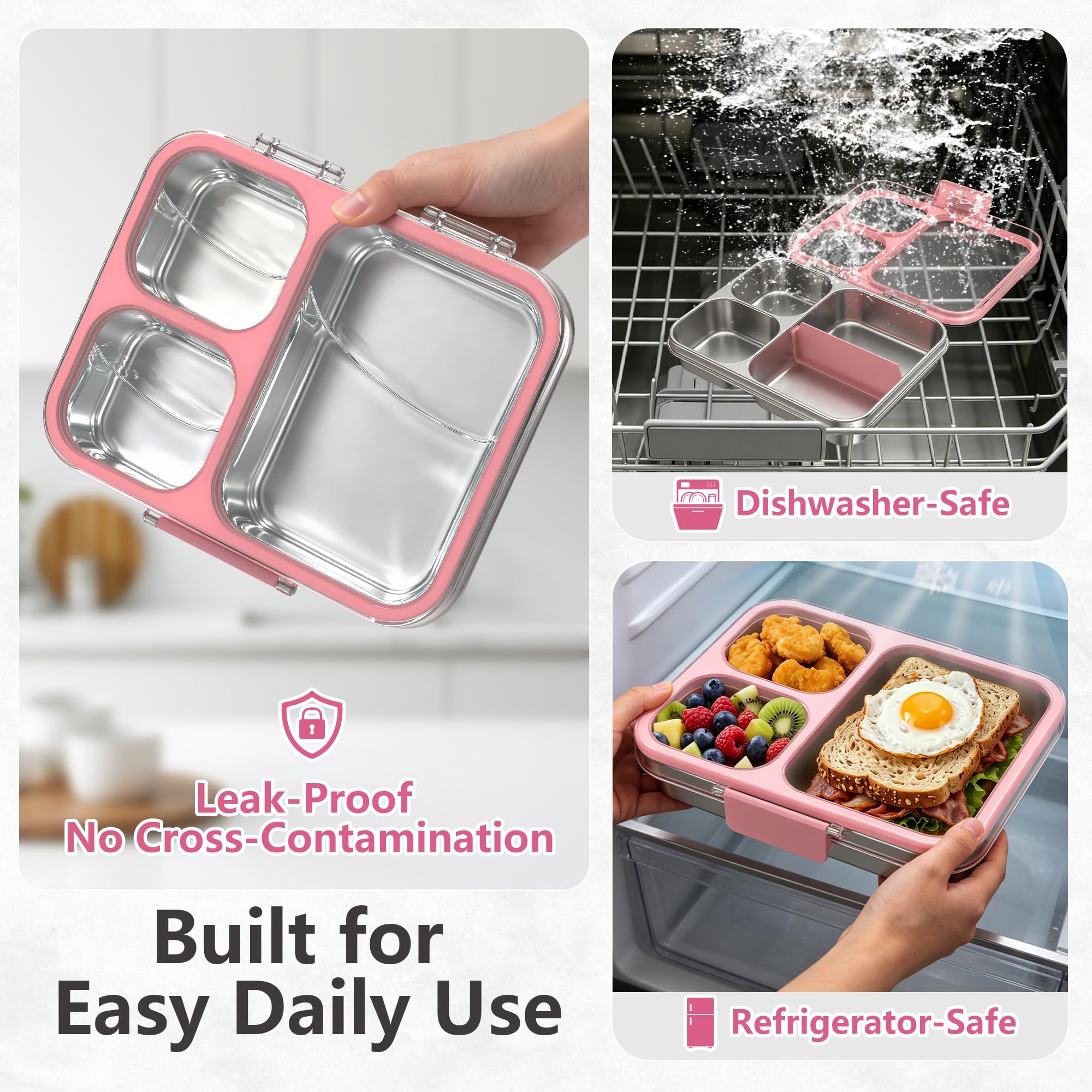 Fiambrera de acero inoxidable con 4 compartimentos, fiambrera de metal para niños, a prueba de fugas, para guardería, guardería, escuela, sandwichera, fiambrera, fiambrera para el pan, apta para