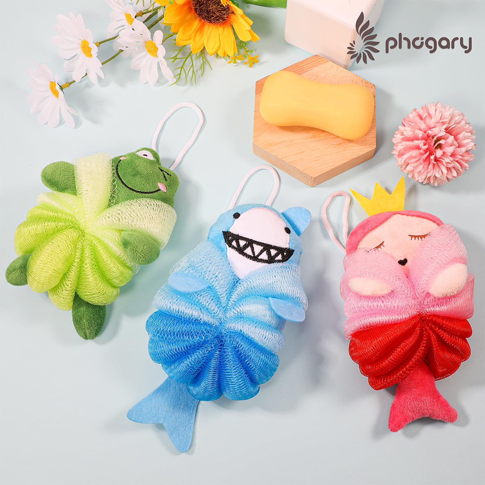 PHOGARY 3-pak dla dzieci do kąpieli dla dzieci, gąbka pod prysznic, luffa do kąpieli, kształt zwierzęcia, siatkowa pufa, peelingator do ciała dla dzieci, pod prysznic, mycie pod prysznic, oczyszczanie
