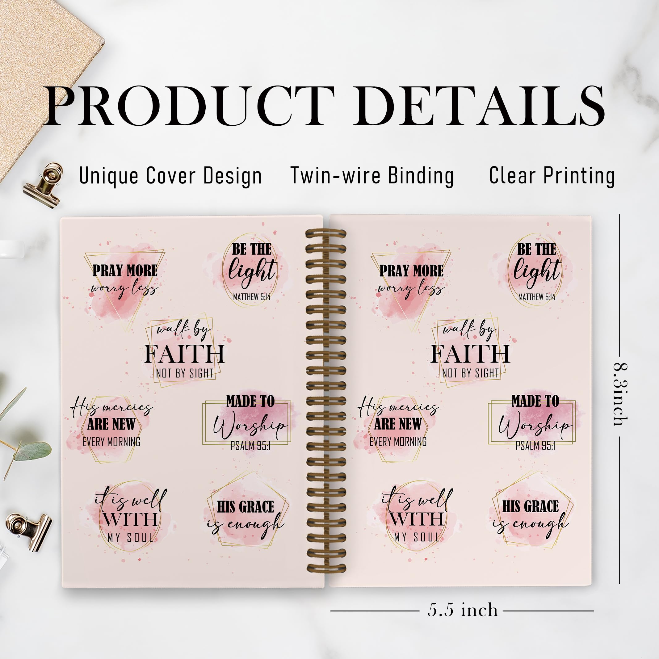 QLMX Cuaderno rosa con espiral de la Biblia, cuaderno cristiano, diario bíblico, cuadernos de fe cristiana para trabajo escolar, estudio bíblico rosa, suministros de oficina, regalos para mujeres,