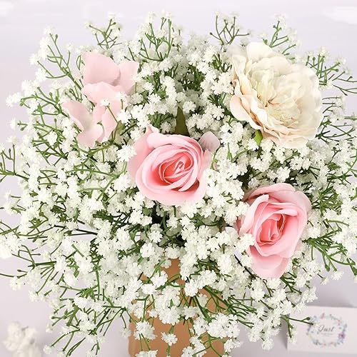 Miniatura 107 de N&T NIETING Babys Breath - Flores artificiales blancas, 10 ramos de gypsophila falsas de tacto real, arreglo de aliento de bebés para bodas