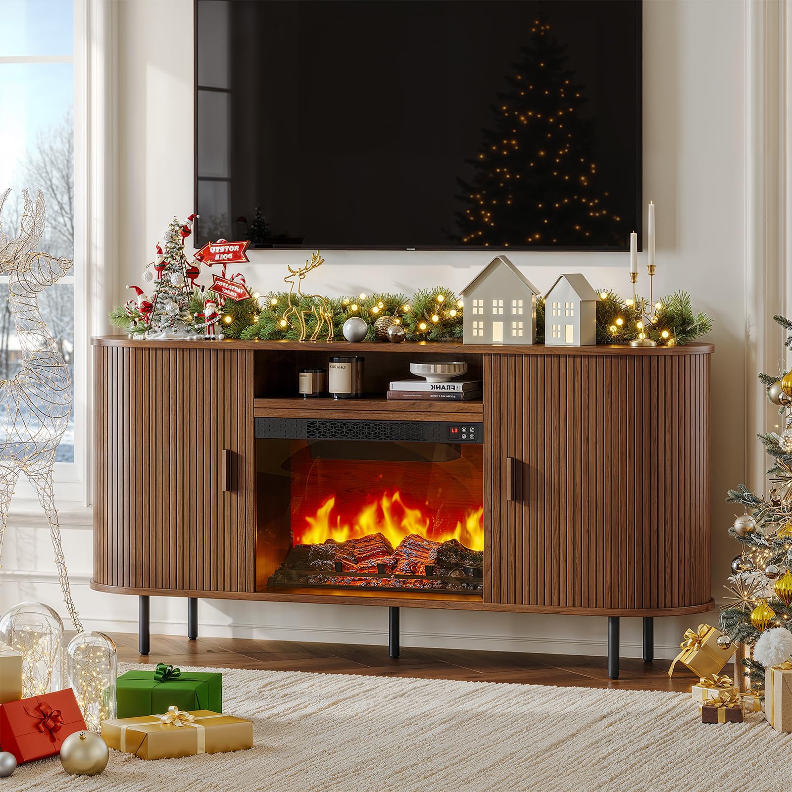 63" Fluted Fireplace TV Stand with 23" Electric Fireplace, Sliding Doors Entertainment Center for TVs Up to 70", TV Console with Power Outlet &