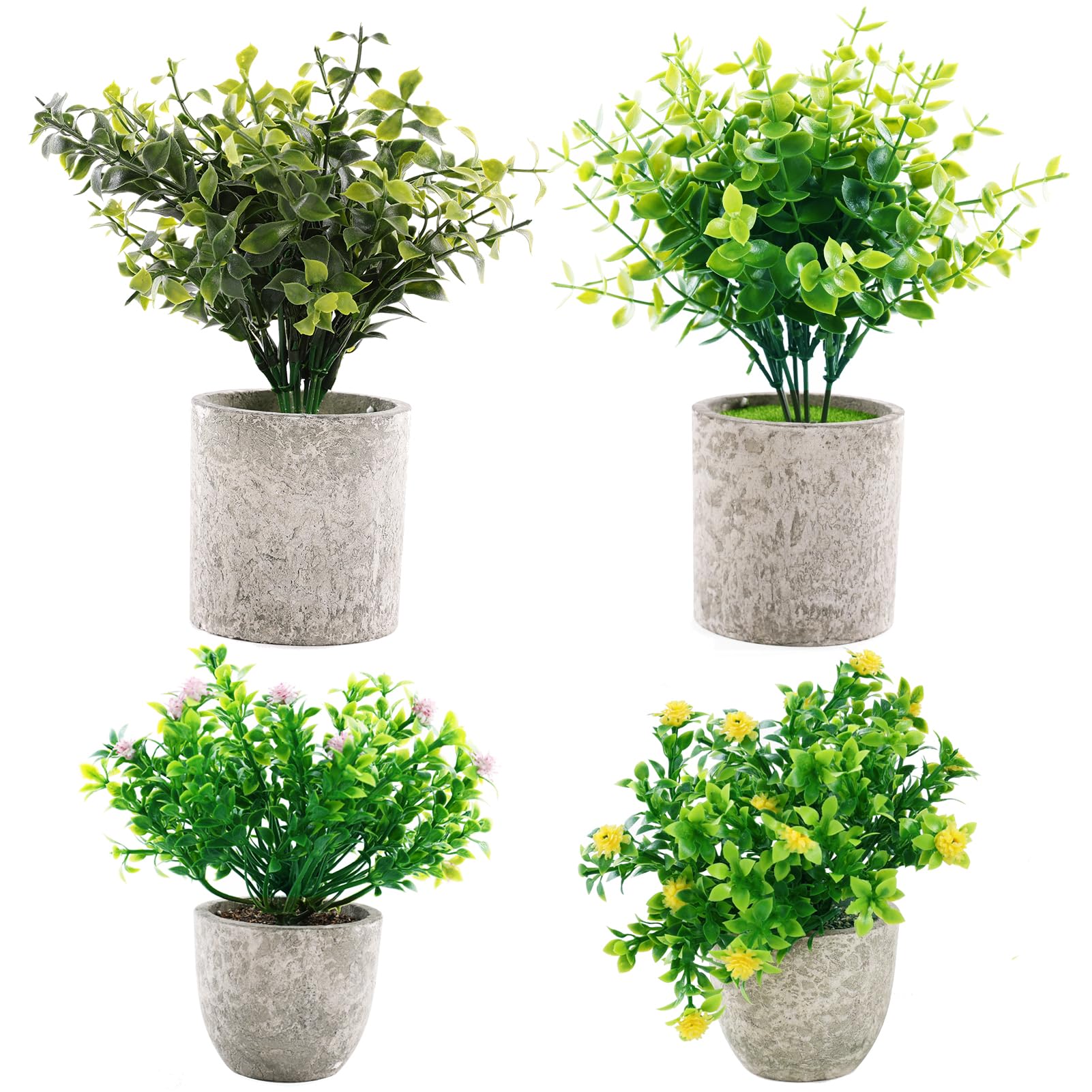 PreferhouseSmall Fake Desk Plants 4pcs, Mini Flower Potted Eucalyptus Rosemary Succulents Plants Artificial Plastic Plants for Home Decor Indoor Bedroom Bathroom Living Room Shelf Decoration