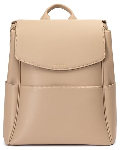 MIA + SOPHIA Mochila de cuero para pañales con puerto de carga USB, cambiador, correas de cochecito y soporte para botellas (beige oliva)