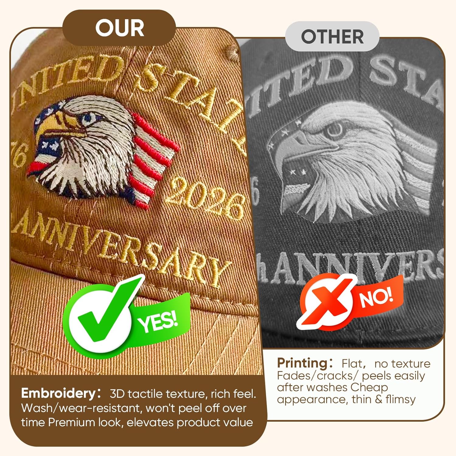 250th American Anniversary Hat, Adjustable USA Baseball Cap for Men & Women, Commemorative Eagle Embroidery Heritage Cap Khaki - Image 2