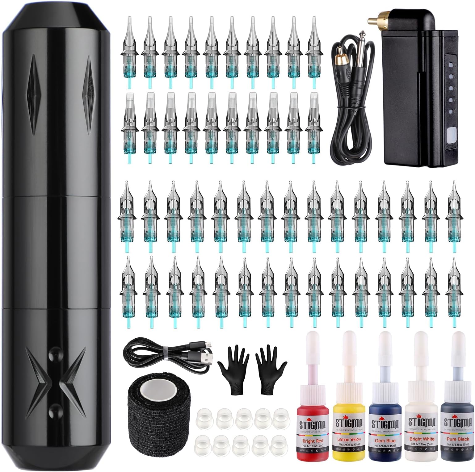 STIGMA Wireless Tattoo Gun Tattoo Kit Complete with 50pcs Tattoo Cartridge Needles 1500mAh Tattoo Battery 5 Colors Ink Set with Accessories STP29KITP199-1
