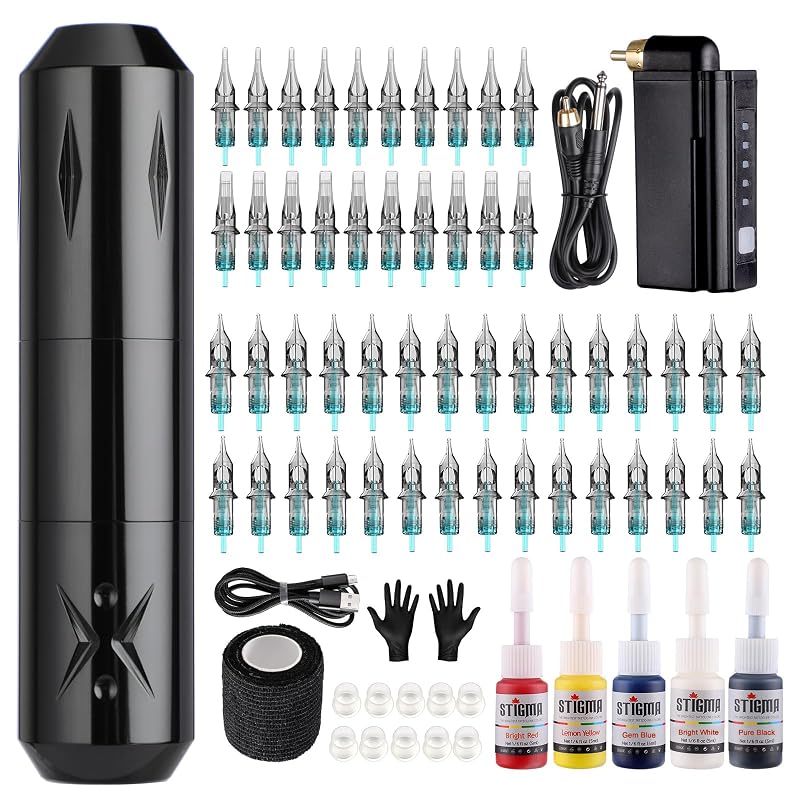 Kit para tatuagem sem fio STIGMA STP29KITP199-1 com máquina, bateria 1500 mAh, 50 agulhas tipo cartucho, conjunto de tintas e acessórios