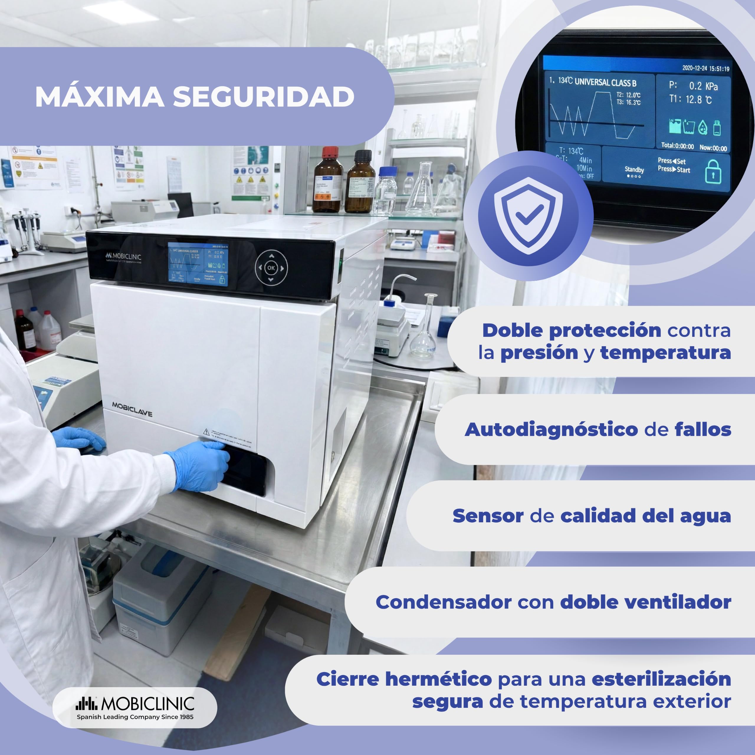 Mobiclinic®, Autoclave Profesional, Esterilizador Autoclave de Vapor 17L, Desinfecta al 99% con Cobertura 360º, 6 Ciclos + Personalizado, Impresora, USB, SD, Clínicas y Laboratorios, MobiClave Plus