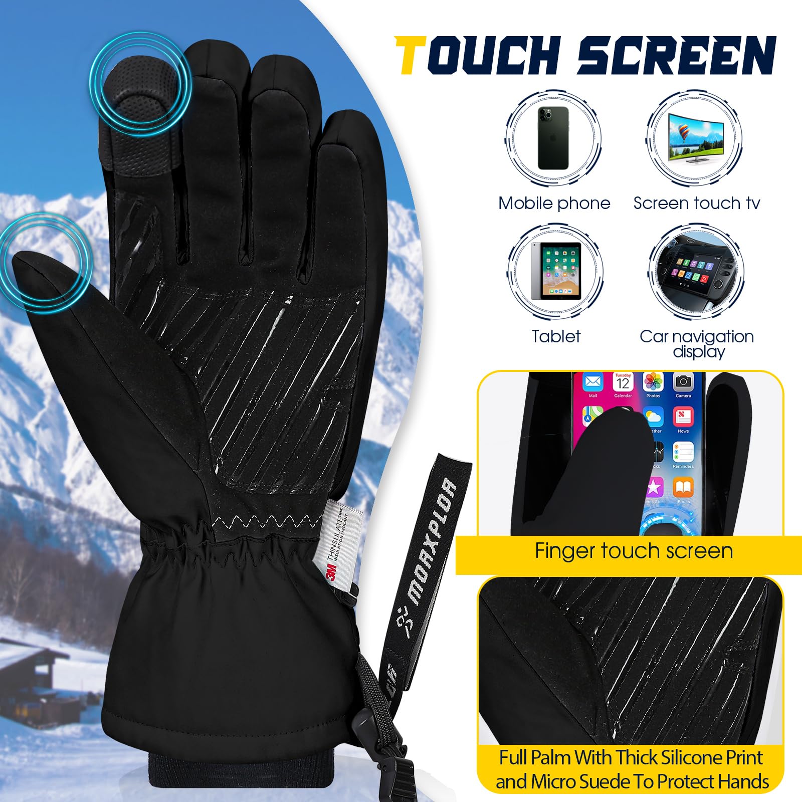 MORXPLOR Guantes de nieve de esquí para hombres y mujeres, 3M Thinsulate aislados cálidos guantes de snowboard de invierno, impermeables a prueba de viento, guantes de moto de nieve para clima frío