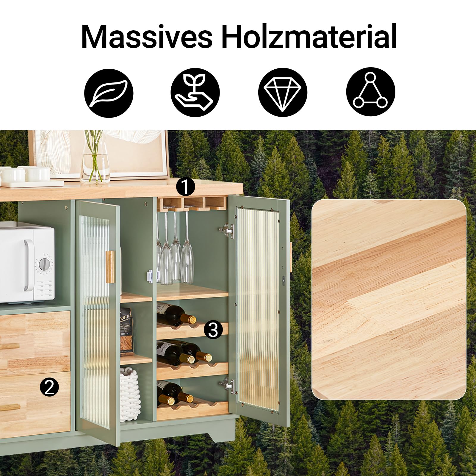 SoBuy Küchenschrank Buffet Kommode mit Glastüren & Schubladen Sideboard mit 120 cm Arbeitsplatte, Mikrowellenfach & Weinregal Küchenmöbel für Wohnzimmer & Esszimmer Grün 120x90x40cm FSB81-GR
