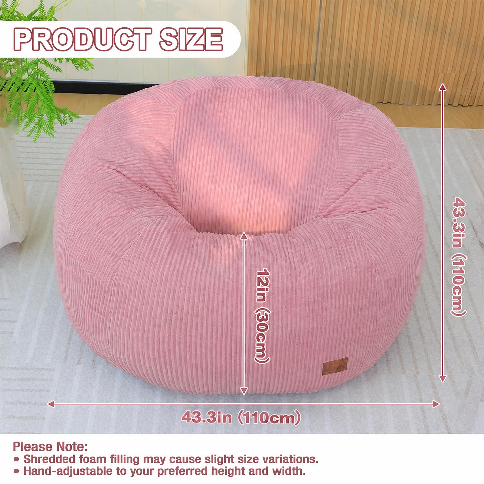 Runder Sitzsack, Cord Bean Bag Chair mit Füllung für Erwachsene & Kinder, Gemütlicher Lounge Sessel Relaxliege für Wohnzimmer, Schlafzimmer(M-Rosa)