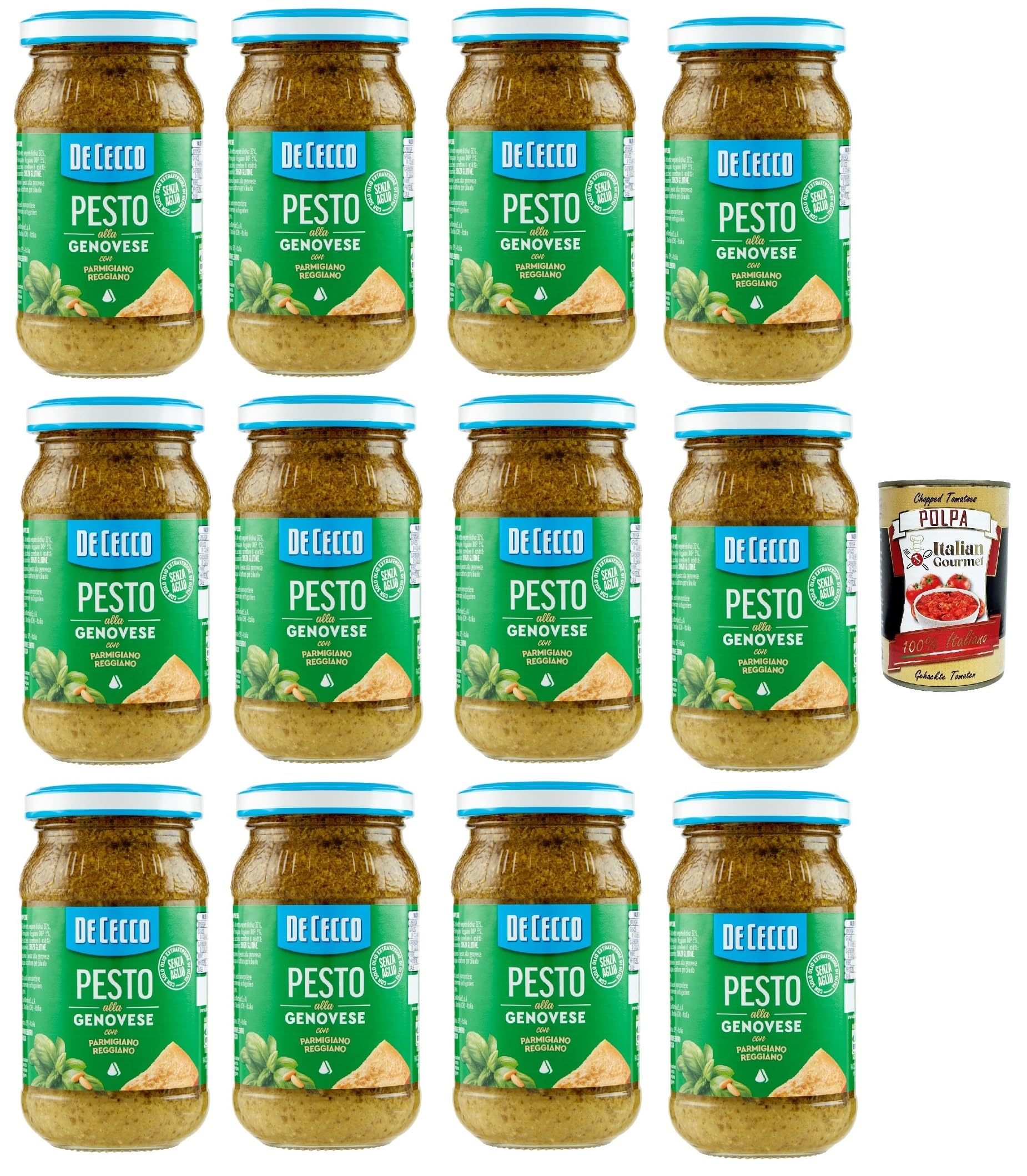 De Cecco – Pesto alla Genovese con Parmigiano Reggiano, sin ajo, salsa italiana auténtica de albahaca, tarro de cristal 12 x 190 g + Italian Gourmet polpa 400 g
