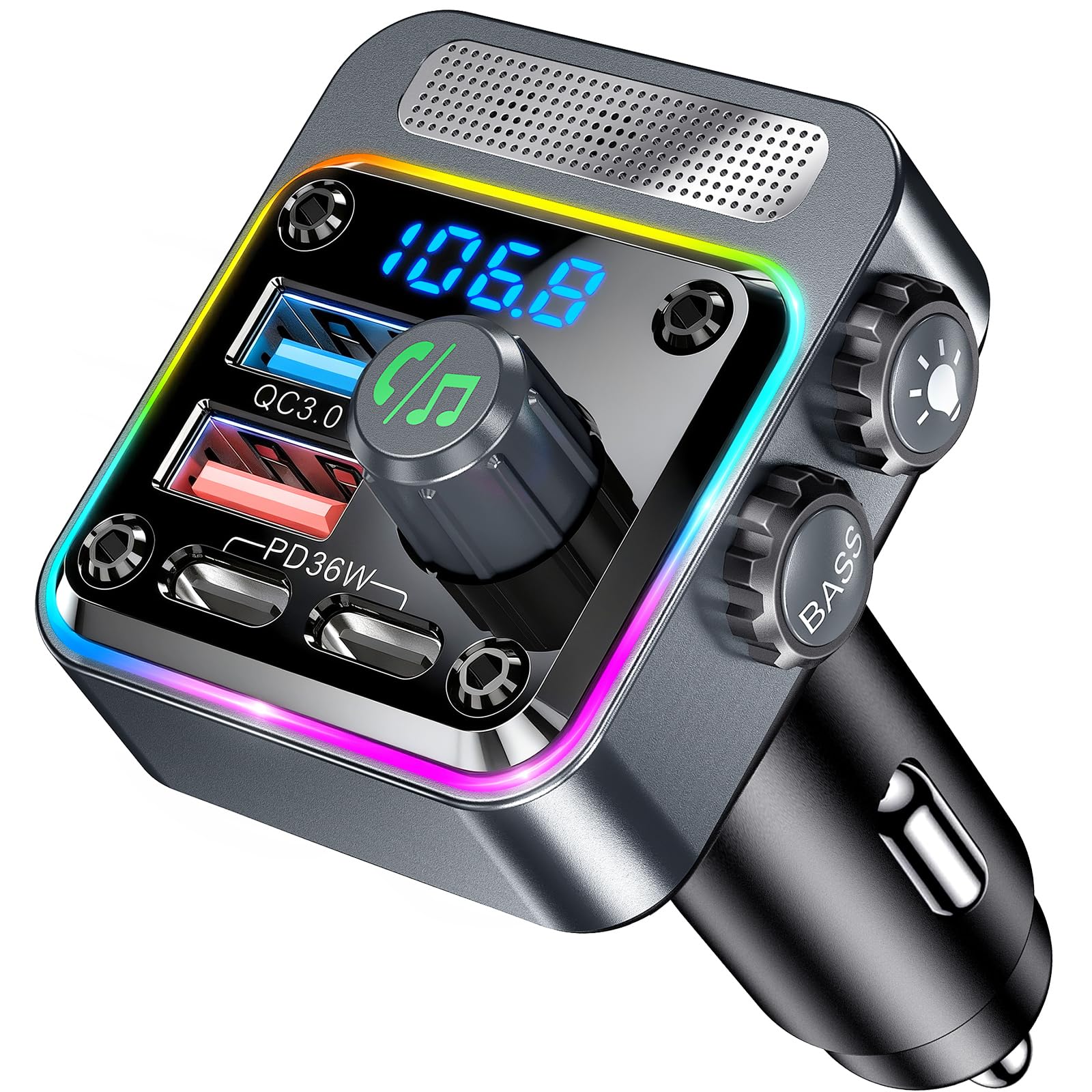 GizmoVine Bluetooth Car Adapter,Bluetooth FM Transmitter,Blue Tooth Car Adaptor,Fast Charging PD 36W QC 3.0 18W,Wireless Radio Music Adapter,Bass Sound,Cigarette Lighter,Hands Free,MP3 Player