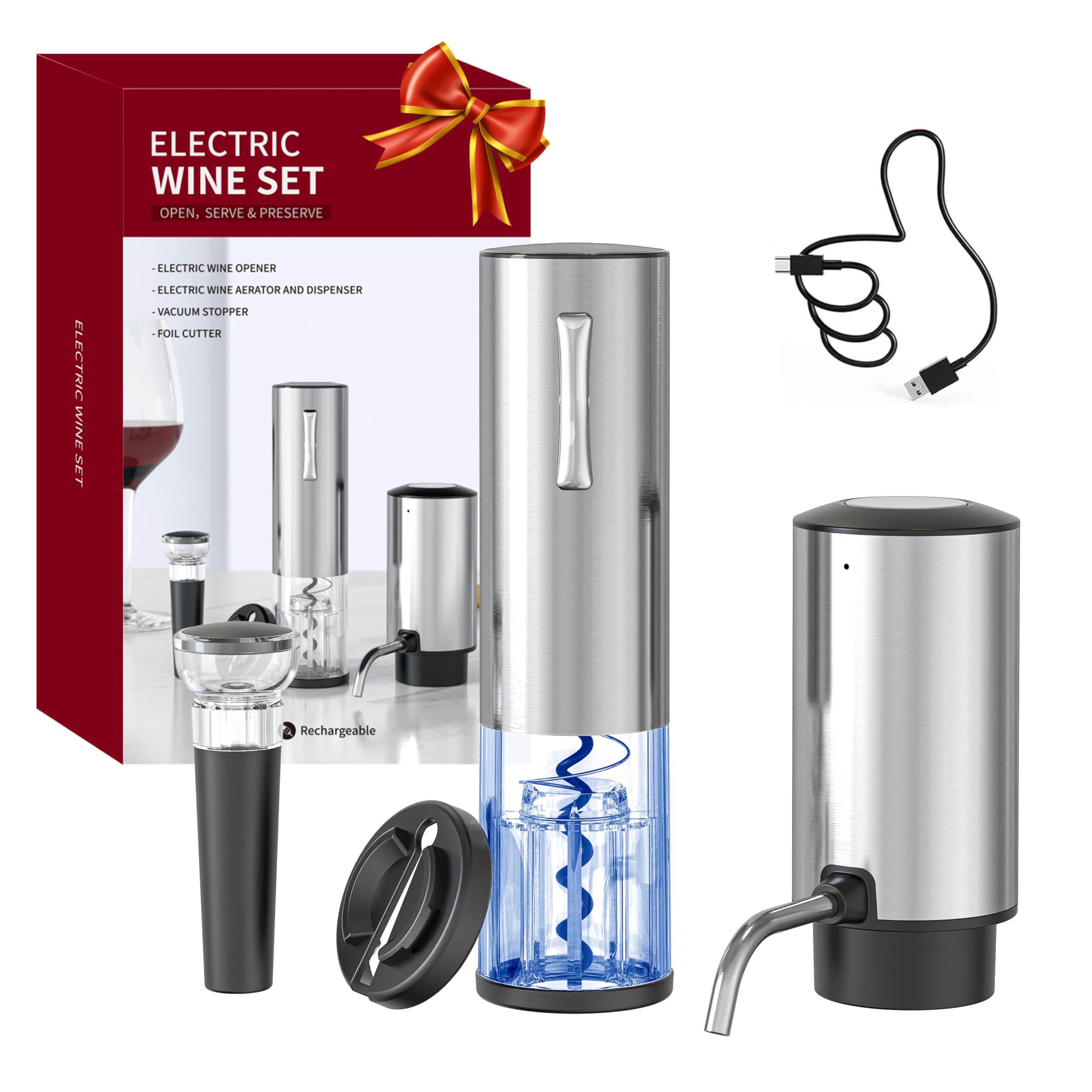 Electric Wine Opener & Aerator Set with Foil Cutter & Vacuum Stopper - Elegant Wine Gift Box for Christmas, Holidays & Special Occasions - Perfect for Wine Lovers