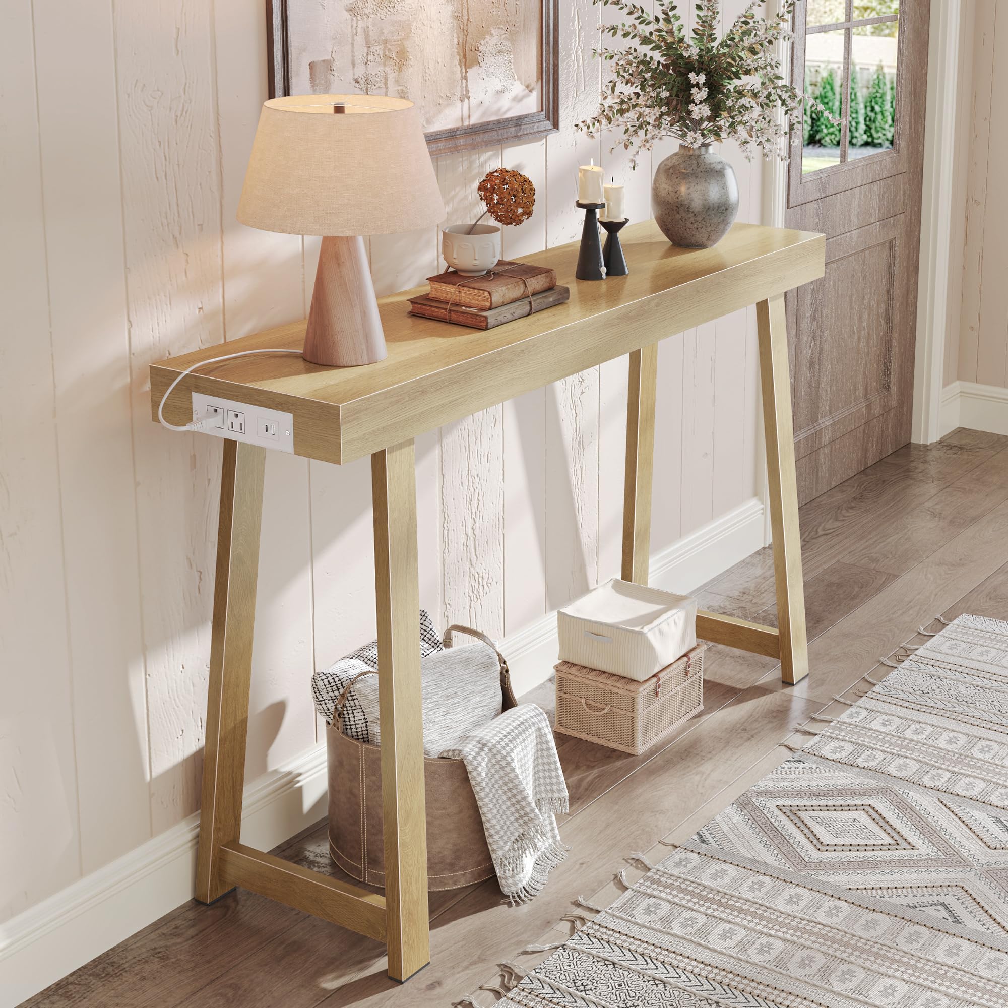 Photo 1 of **USED, INCOMPLETE** Huuger Entryway Console Table with Charging Station, USB-C Port, 47.2 Inch Sofa Table with Metal Legs, Entry Hallway Table with Thicker Desktop, Modern Behind Couch Table, Natural
