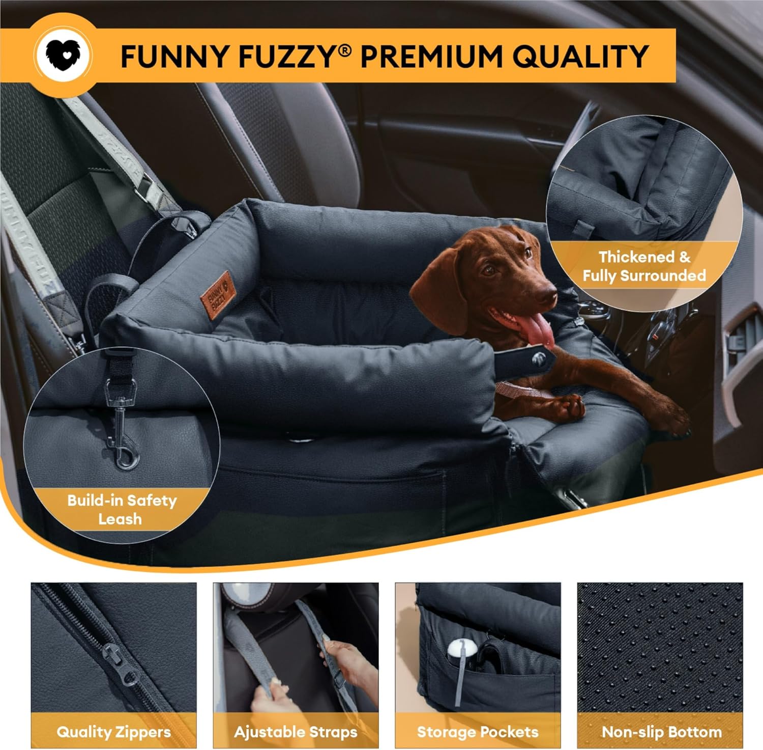 FUNNYFUZZY Luxury Dog Car Seat for Small Medium Dogs Under 35 lbs, Waterproof Leather Pet Booster Seat with Safety Leash & Anti-Slip Base, Fully Padded Dog Car Bed, Portable Puppy Carrier(Navy Blue)