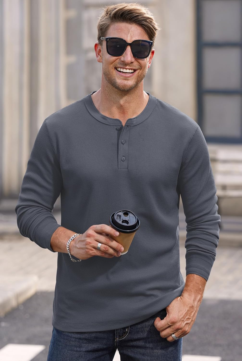 Mens Waffle Henley Shirts Textured Stretch Long Sleeve Knit Pullover (S-XXL) - Image 3