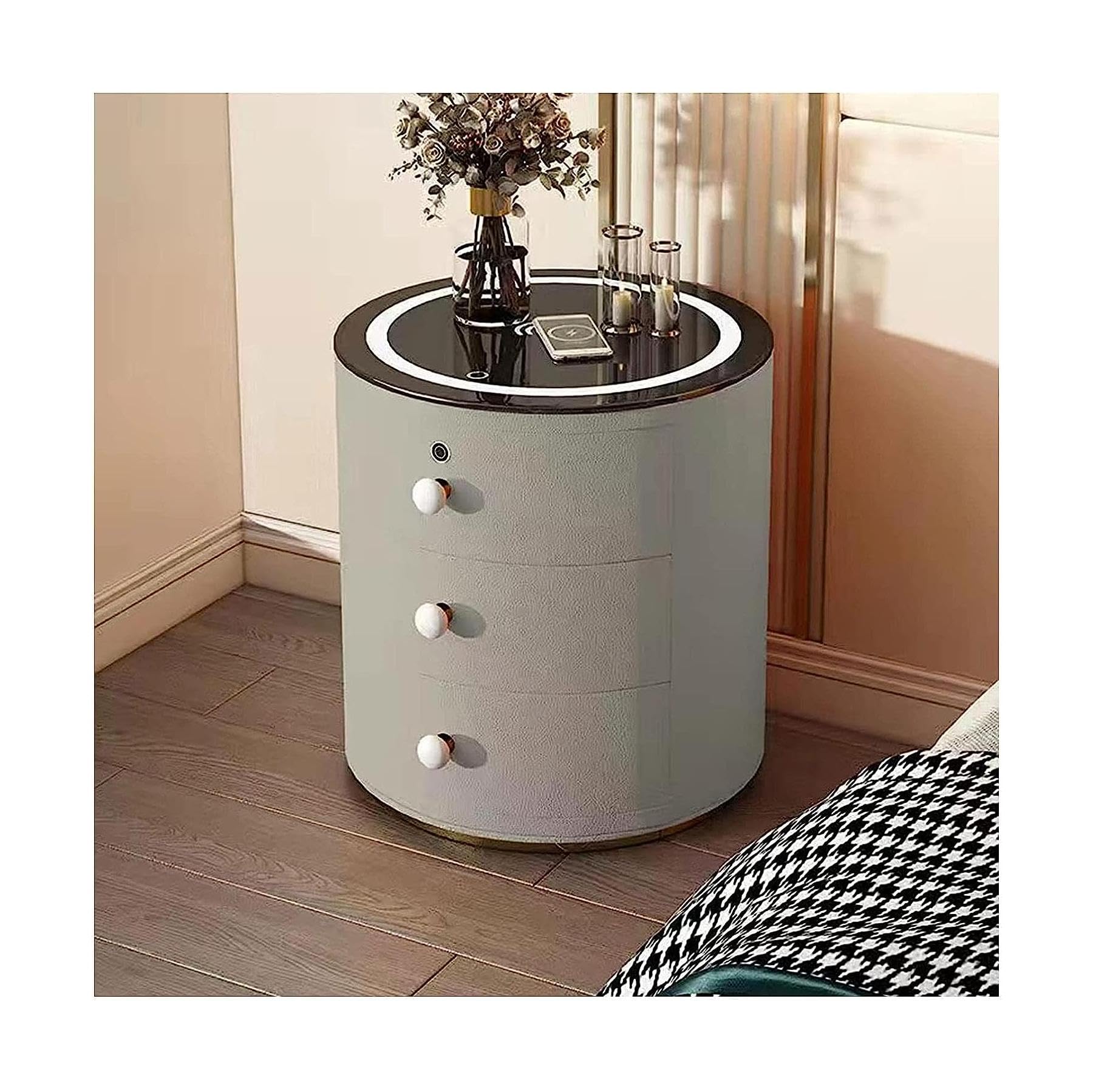 BHGFYXBS Simple Nightstand Smart Nightstand Wood End Table Wireless Charging Bedside Table Usb Bluetooth Dimmable 3 Drawers Metal Bedside Cabinet,White,White,White