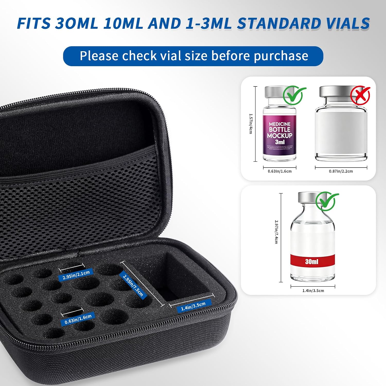 Peptide Case for Fridge & Travel - Sponge Insert Fits 10x3ml, 7x10ml + 1x30ml Bottles | Sponge Insert Holder for BAC Water, GLP-1 & Insulin Vials with Mesh Pocket