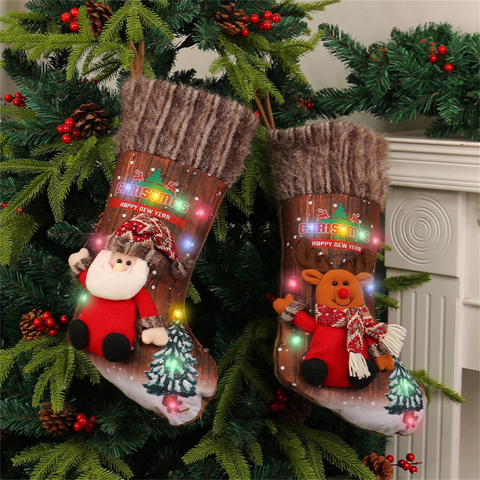 Chaussettes de Noël à LED à suspendre - Bas de Noël - Bottes de Noël - Décorations de cheminée - Bas de Noël à LED