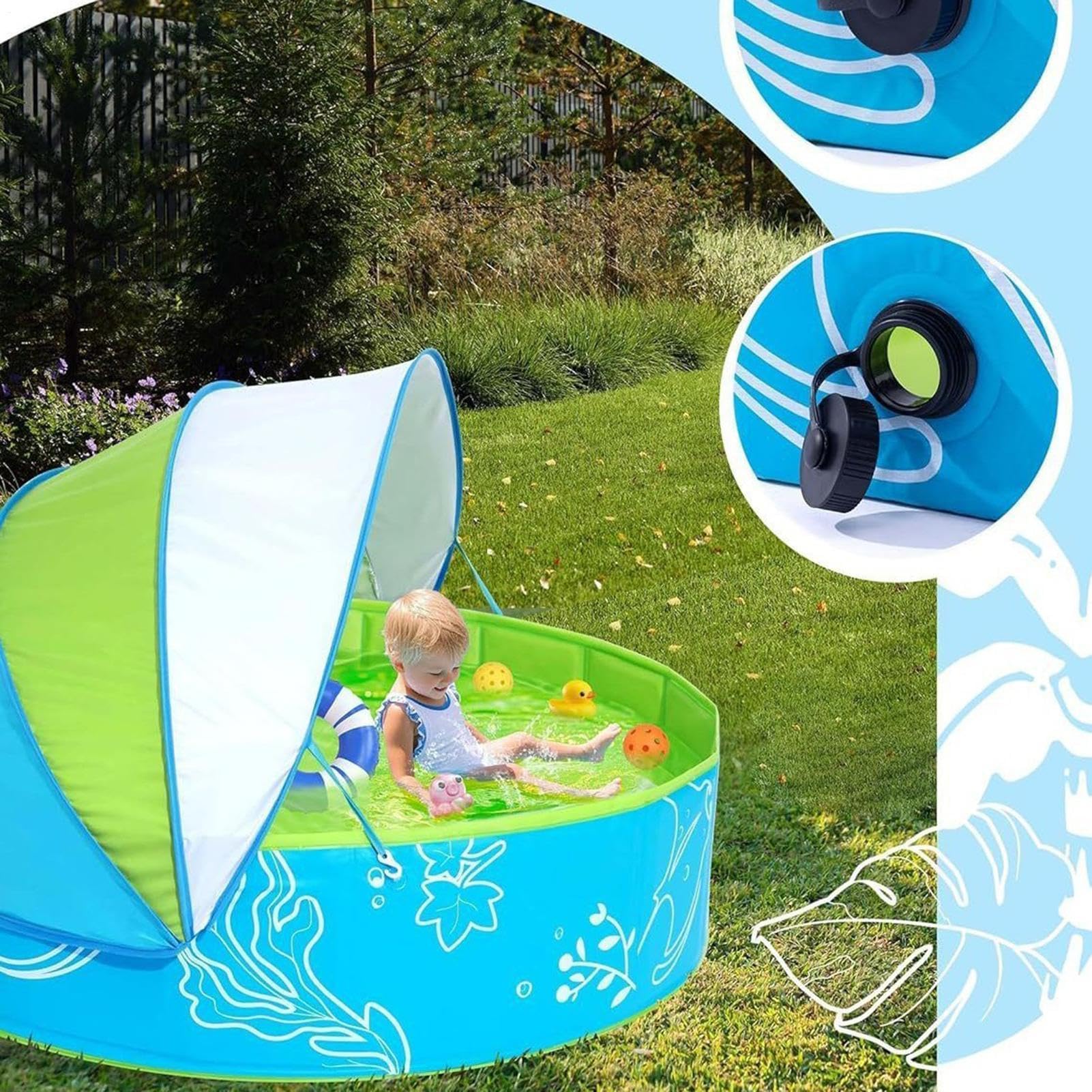 Faltbarer Pool Für Kinder Outdoor Sommer-Badewanne Mit Sonnendach | Kinderpool Für Urlaub, Outdoor, Garten, Hinterhof, , Terrasse, Camping und zu Hause